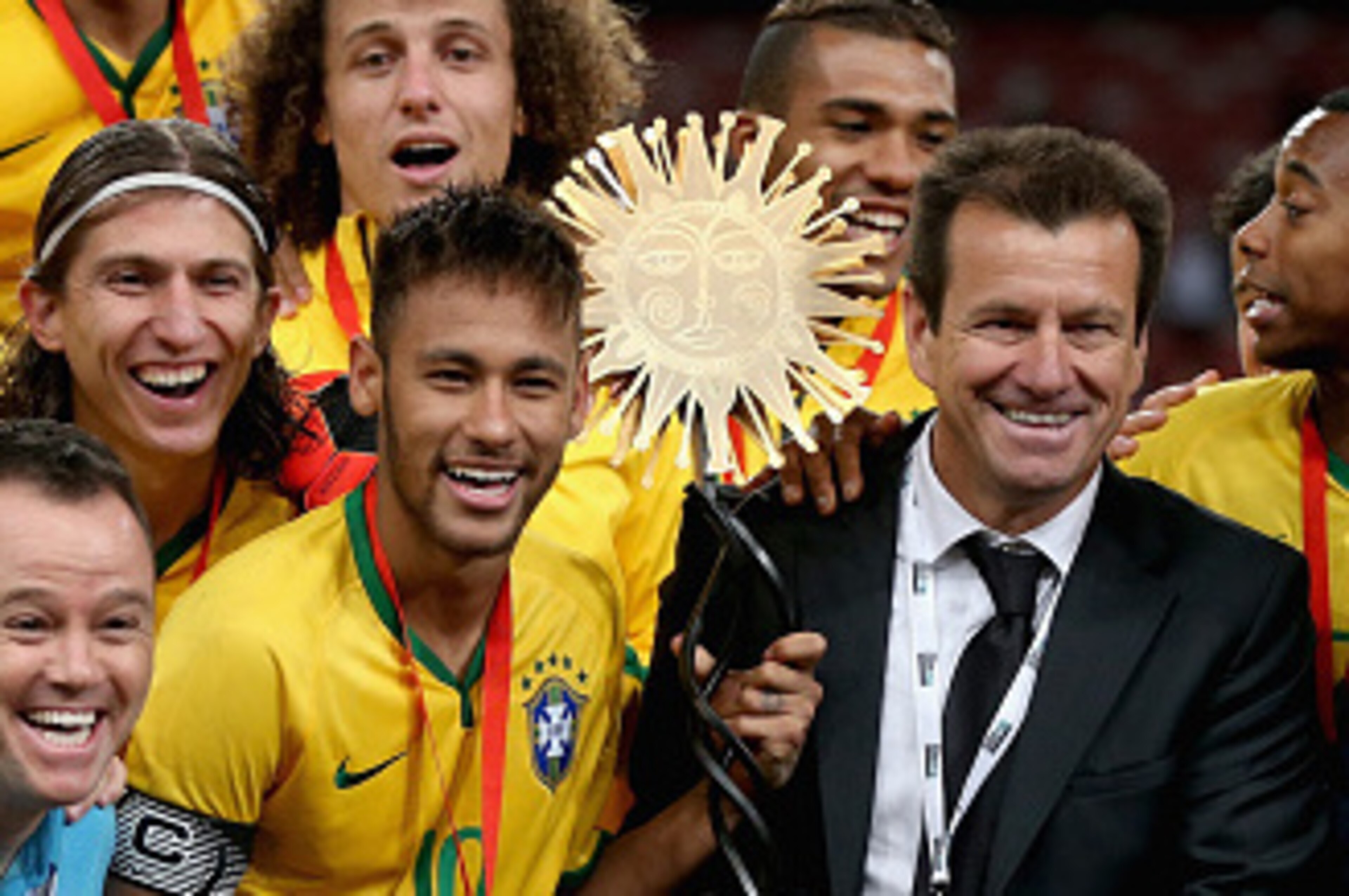 BEIJING, CHINA - OCTOBER 11:  Team of Brazil celebrates winning Super Clasico de las Americas between Argentina and Brazil at Beijing National Stadium on October 11, 2014 in Beijing, China.  (Photo by Feng Li/Getty Images)