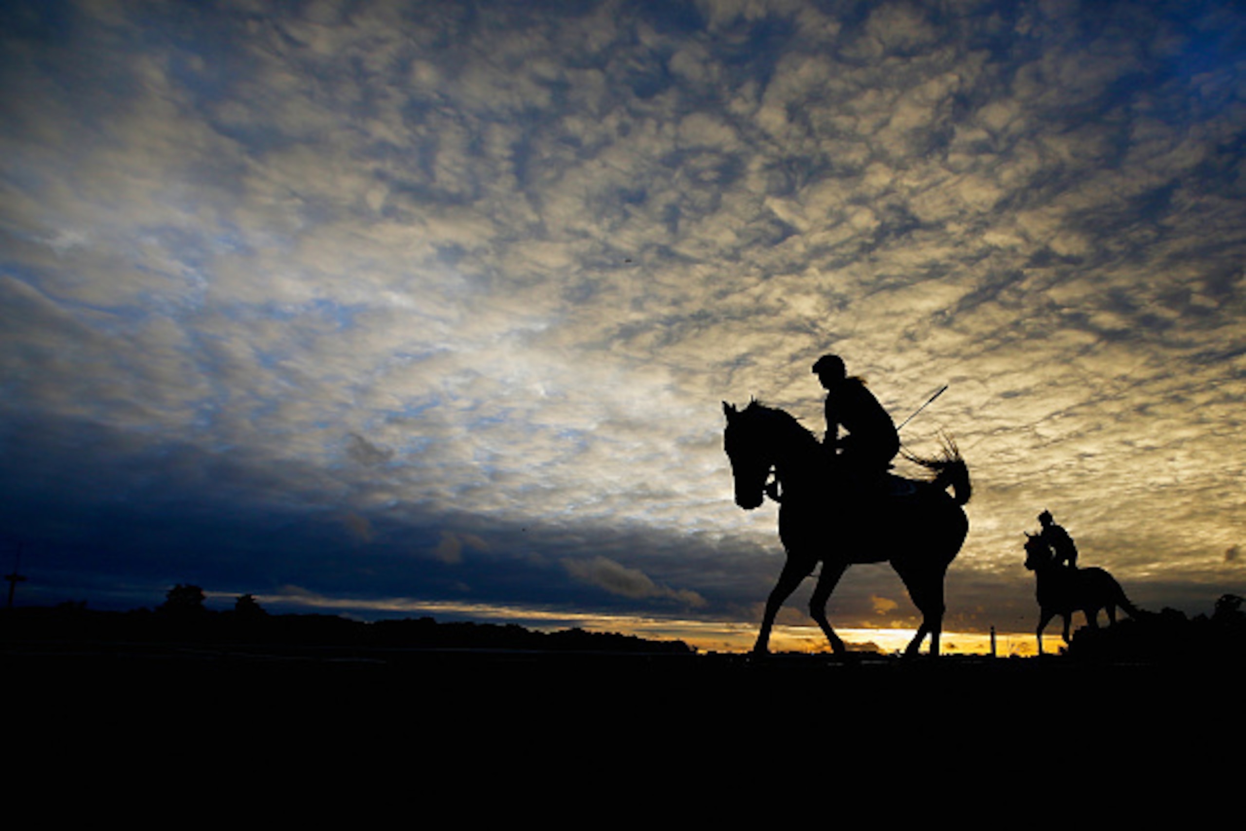 ELMONT, NY - JUNE 04:  A morning sillouette of horses and riders during training at Belmont Park on June 4, 2015 in Elmont, New York.  (Photo by Al Bello/Getty Images)