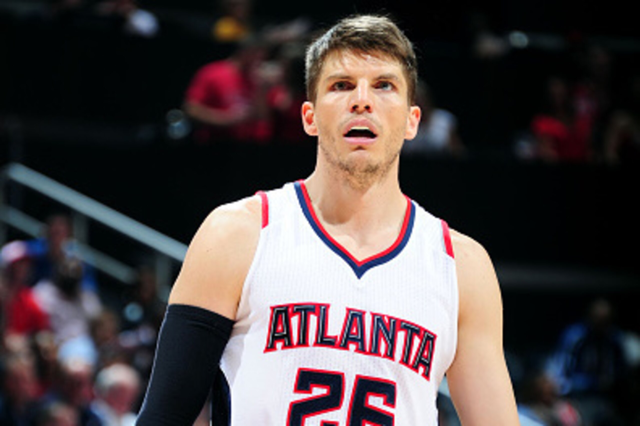 ATLANTA, GA - APRIL 22: Kyle Korver #26 of the Atlanta Hawks stands on the court during a game against the Brooklyn Nets in Game Two of the Eastern Conference Quarterfinals of the NBA Playoffs on APRIL 22, 2015 at Philips Arena in Atlanta, Georgia. NOTE T