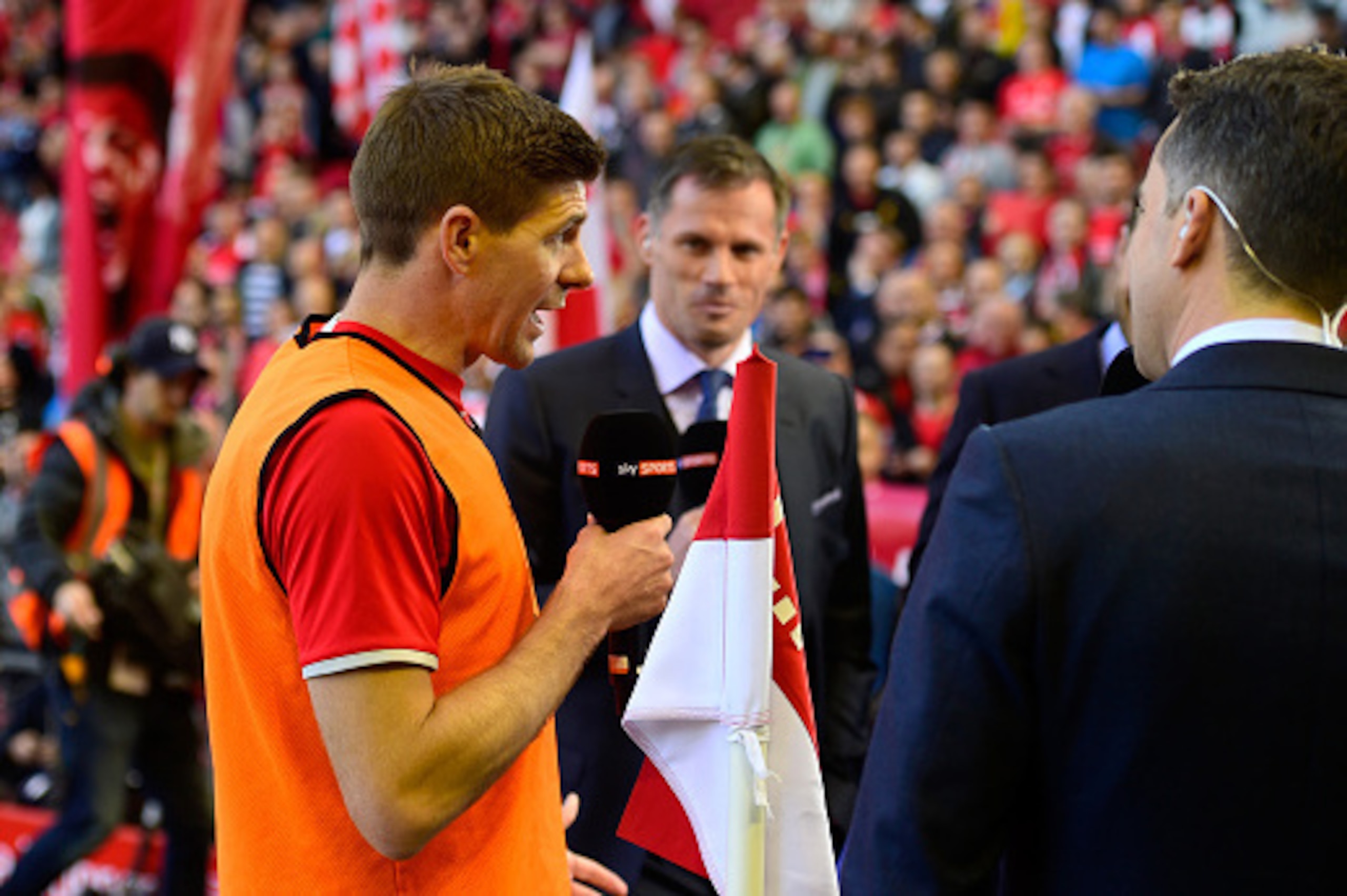 LIVERPOOL, ENGLAND - MAY 16:  Steven Gerrard of Liverpool is interviewed before the Barclays Premier League match betrween Liverpool and Crystal Palace at Anfield on May 16, 2015 in Liverpool, England.  (Photo by Stu Forster/Getty Images)