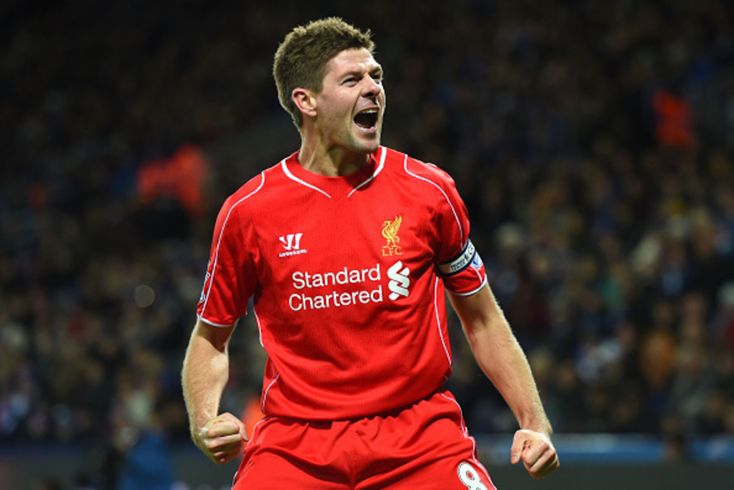 LEICESTER, ENGLAND - DECEMBER 02:  Steven Gerrard of Liverpool celebrates after scoring his team's second goal during the Barclays Premier League match between Leicester City and Liverpool at The King Power Stadium on December 2, 2014 in Leicester, Englan