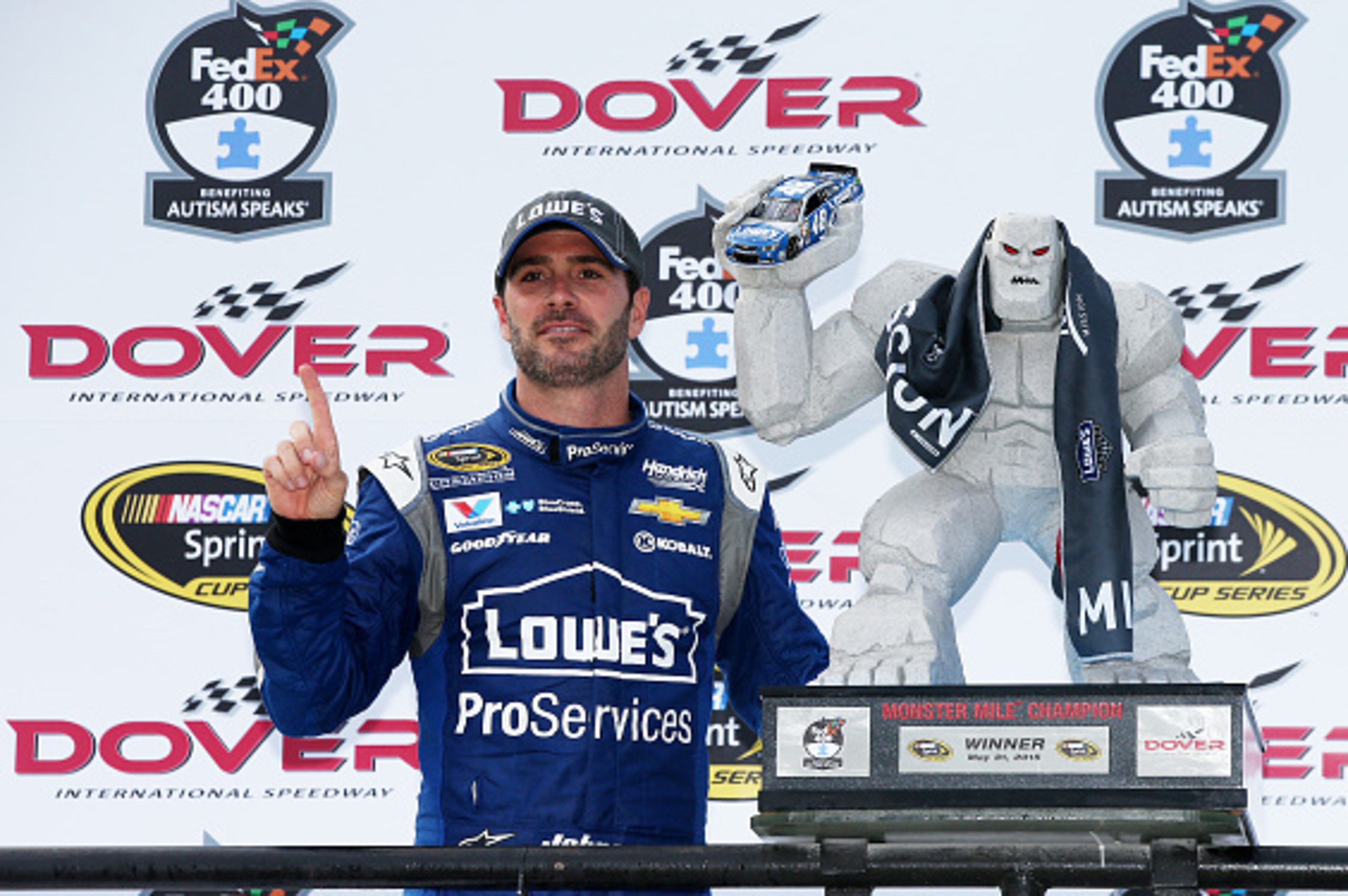 DOVER, DE - MAY 31:  Jimmie Johnson, driver of the #48 Lowe's Pro Services Chevrolet, poses with the Miles the Monster trophy in Victory Lane after winning the NASCAR Sprint Cup Series FedEx 400 Benefiting Autism Speaks at Dover International Speedway on 