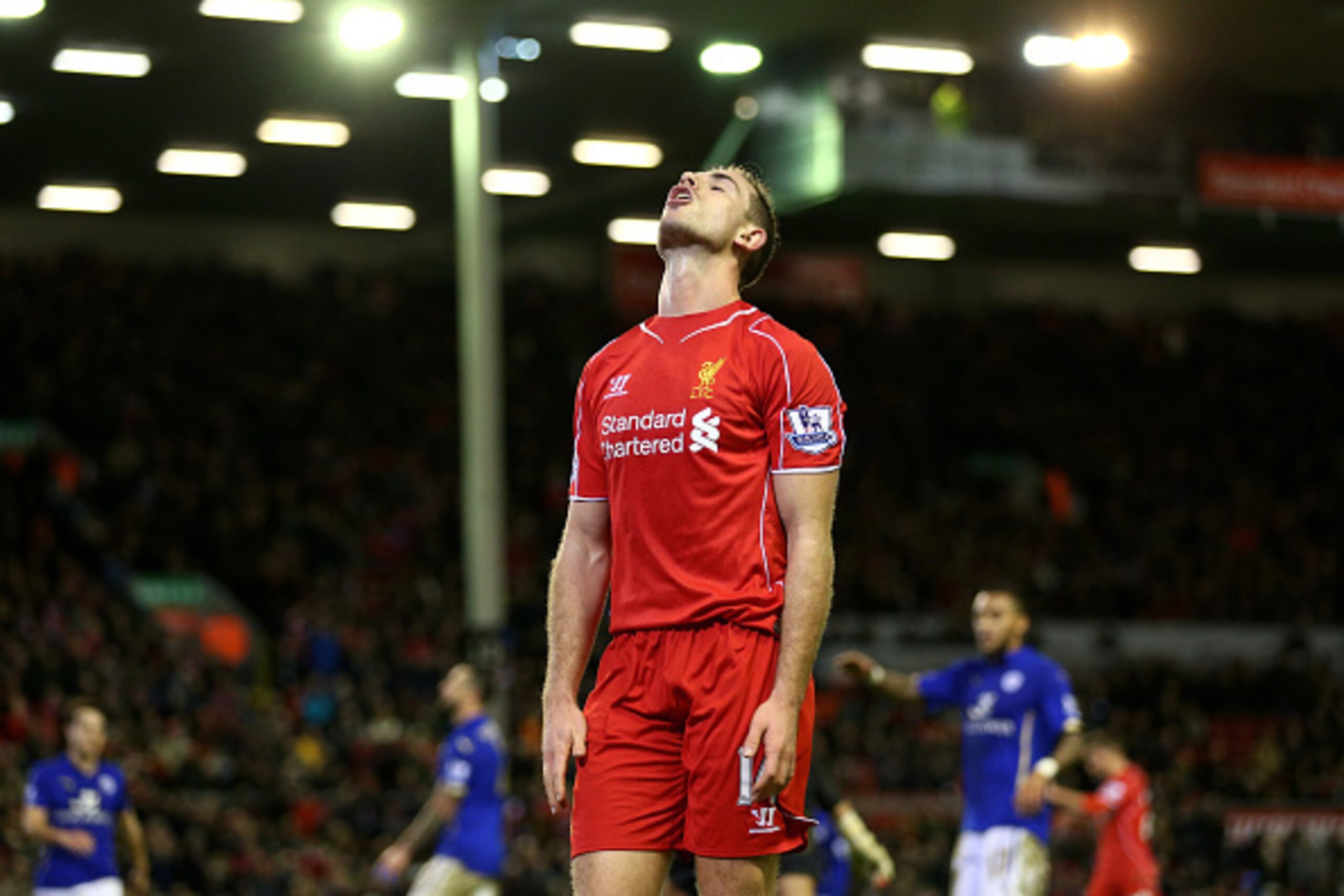 LIVERPOOL, ENGLAND - JANUARY 01:  Jordan Henderson of Liverpool reacts after a missed chance on goal during the Barclays Premier League match between Liverpool and Leicester City at Anfield on January 1, 2015 in Liverpool, England.  (Photo by Clive Brunsk