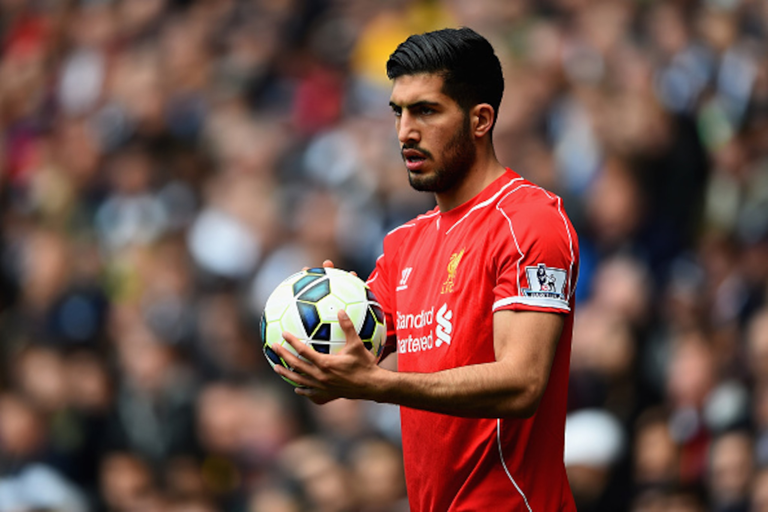 WEST BROMWICH, ENGLAND - APRIL 25: Emre Can of Liverpool in action during the Barclays Premier League match between West Bromwich Albion and Liverpool at The Hawthorns on April 25, 2015 in West Bromwich, England.  (Photo by Laurence Griffiths/Getty Images