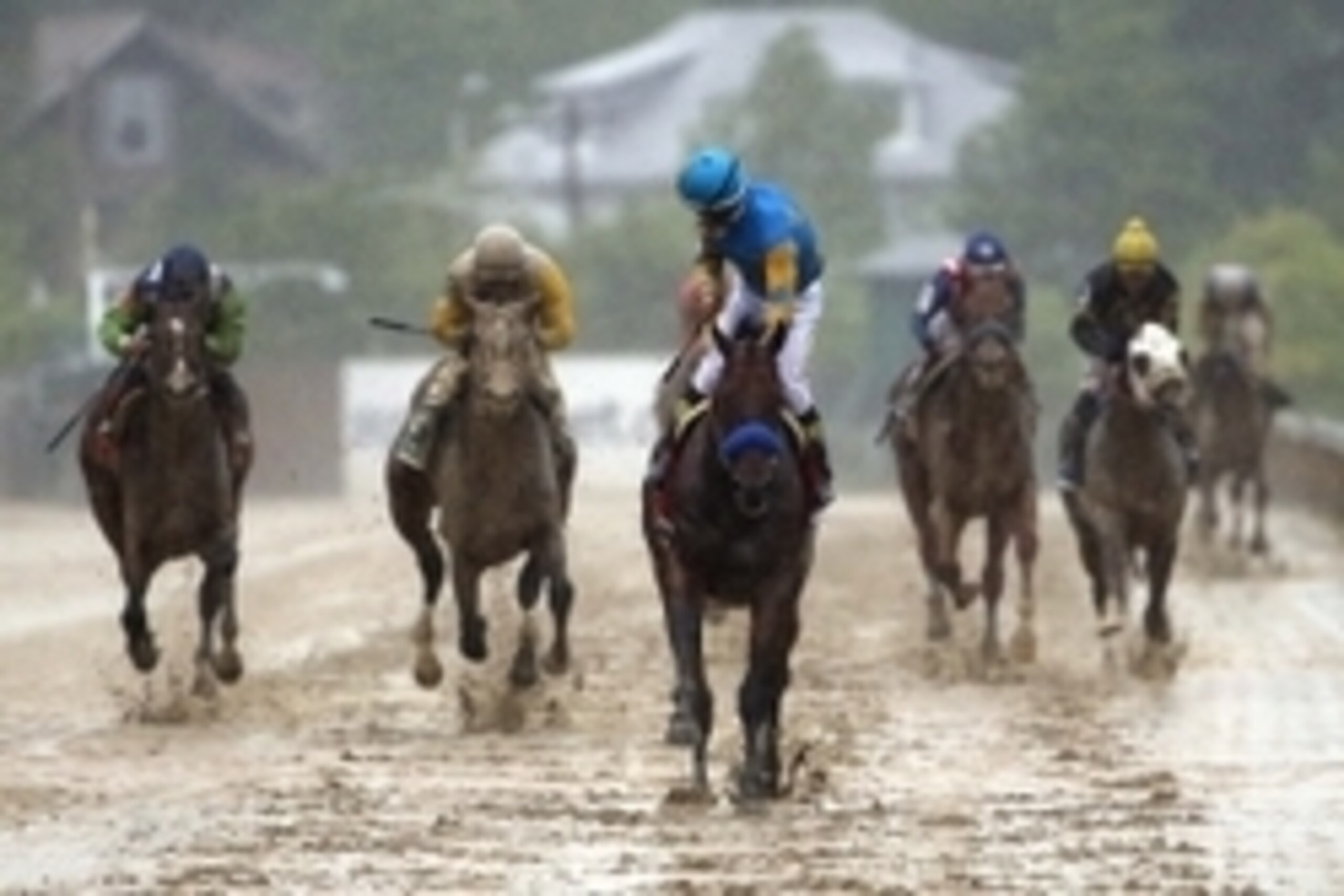 May 16, 2015; Baltimore, MD, USA; Victor Espinoza aboard American Pharoah looks back at the field after winning the 140th Preakness Stakes at Pimlico Race Course. Mandatory Credit: Winslow Townson-USA TODAY Sports