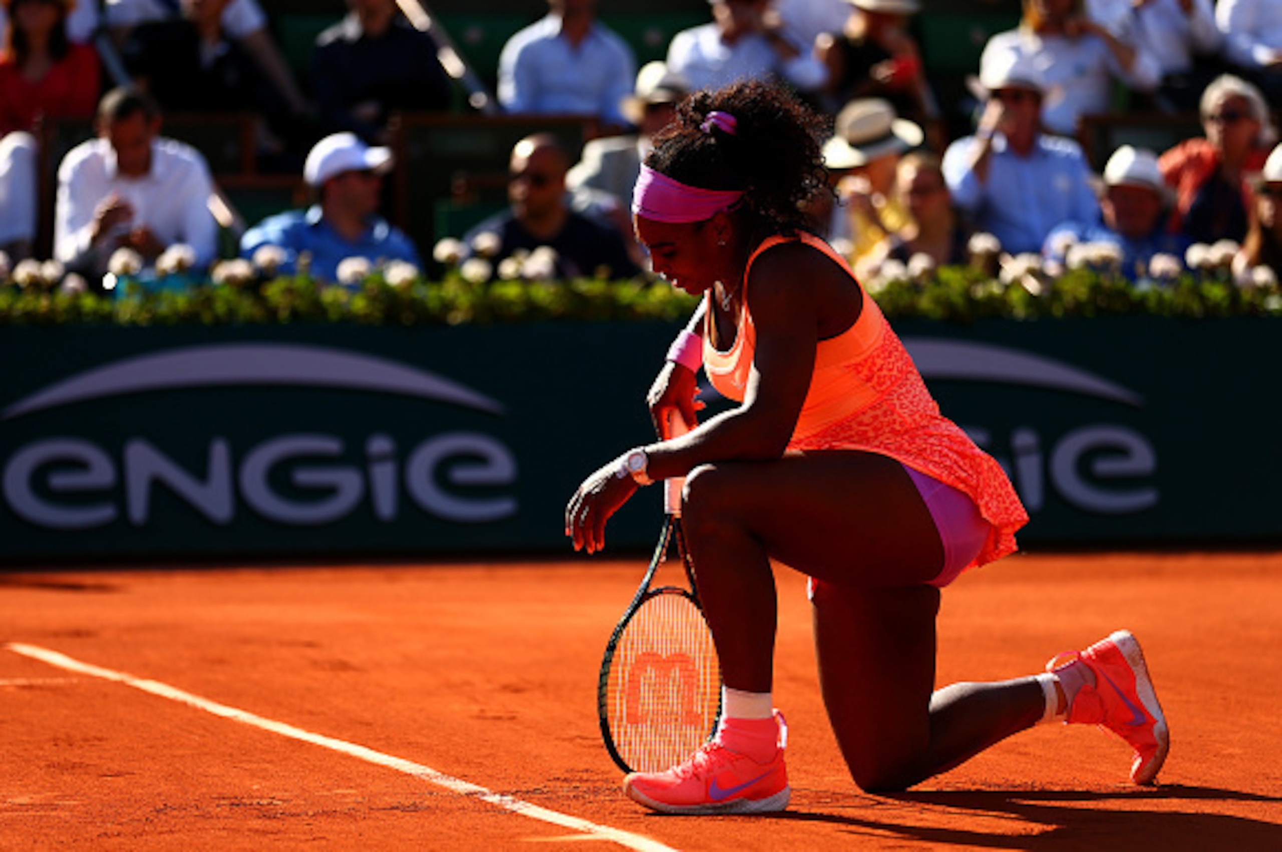 PARIS, FRANCE - JUNE 04:  Serena Williams of the United States reacts during her Women's Semi final match against Timea Bacsinszky of Switzerland on day twelve of the 2015 French Open at Roland Garros on June 4, 2015 in Paris, France.  (Photo by Dan Istit