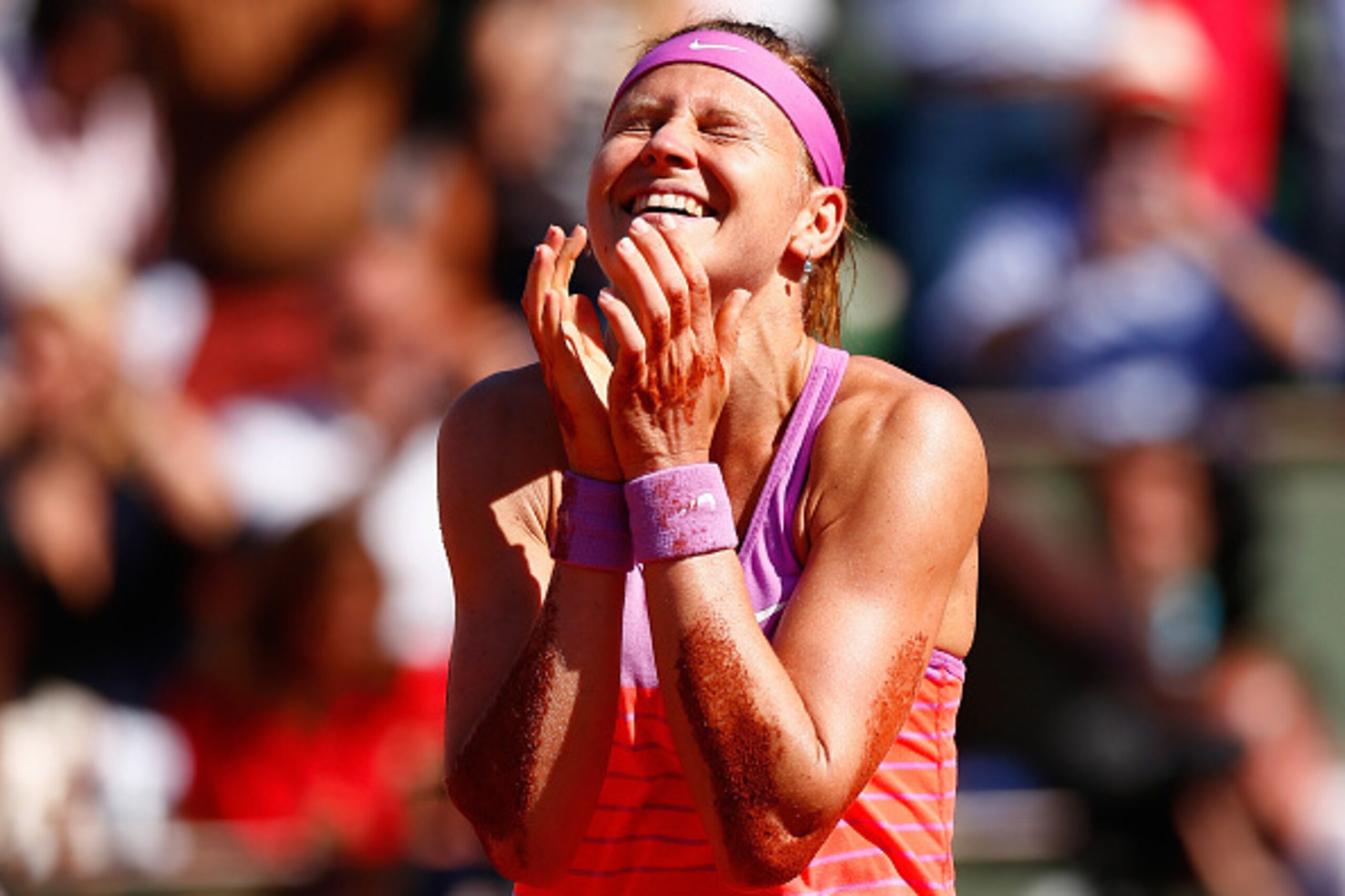 PARIS, FRANCE - JUNE 04:  Lucie Safarova of Czech Repbulic celebrates winning in her Women's Semi final match against Ana Ivanovic of Serbia on day twelve of the 2015 French Open at Roland Garros on June 4, 2015 in Paris, France.  (Photo by Julian Finney/