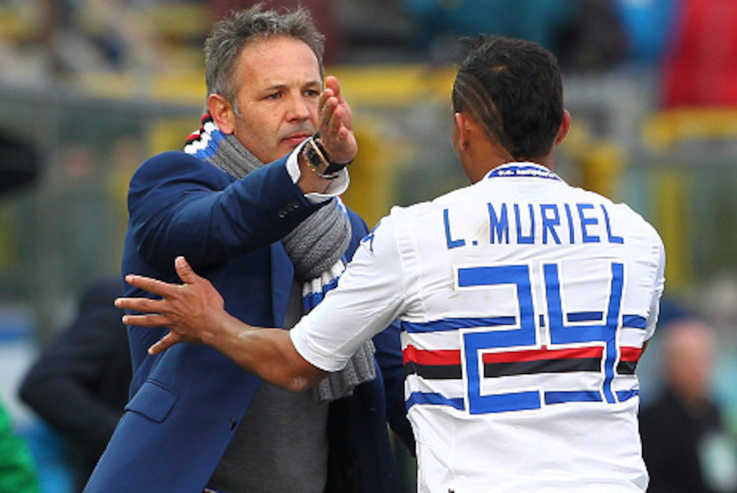 BERGAMO, ITALY - MARCH 01:  Luis Fernando Muriel of UC Sampdoria celebrates his goal with his coach Sinisa Mihajlovic during the Serie A match between Atalanta BC and UC Sampdoria at Stadio Atleti Azzurri d'Italia on March 1, 2015 in Bergamo, Italy.  (Pho