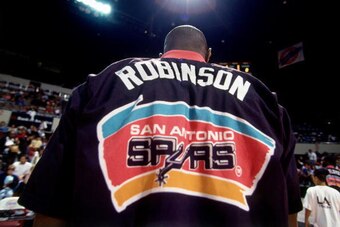 LOS ANGELES - APRIL 24:  David Robinson #50 of the San Antonio Spurs stands on the court before the NBA game against the Los Angeles Clippers on April 24, 1994 at the Los Angeles Memorial Sports Arena in Los Angeles, California. David Robinson finished th