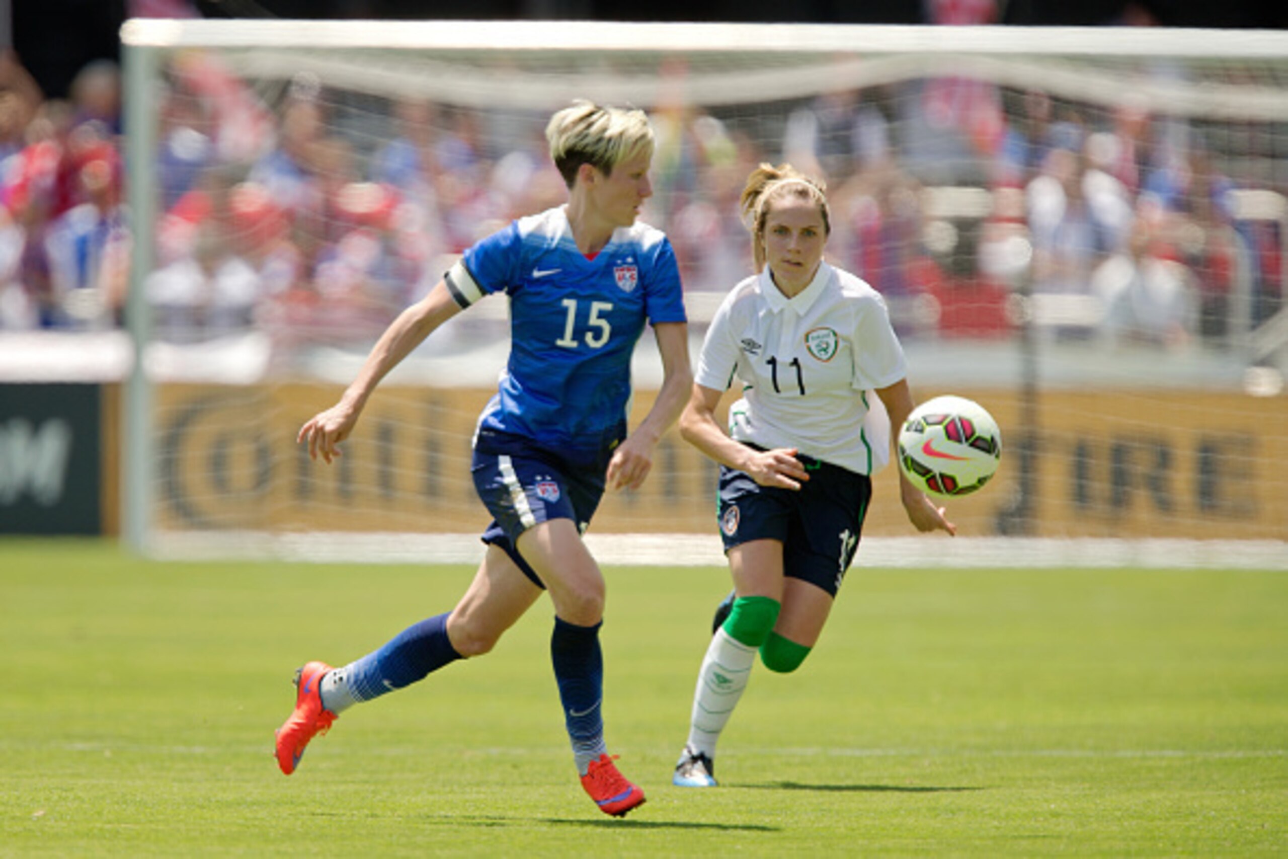SAN JOSE, CA - MAY 10:  Megan Rapinoe #15 of the United States takes the ball to the center against Ireland in the first half of their international friendly match on May 10, 2015 at Avaya Stadium in San Jose, California.  The U.S. won 3-0.  (Photo by Bri