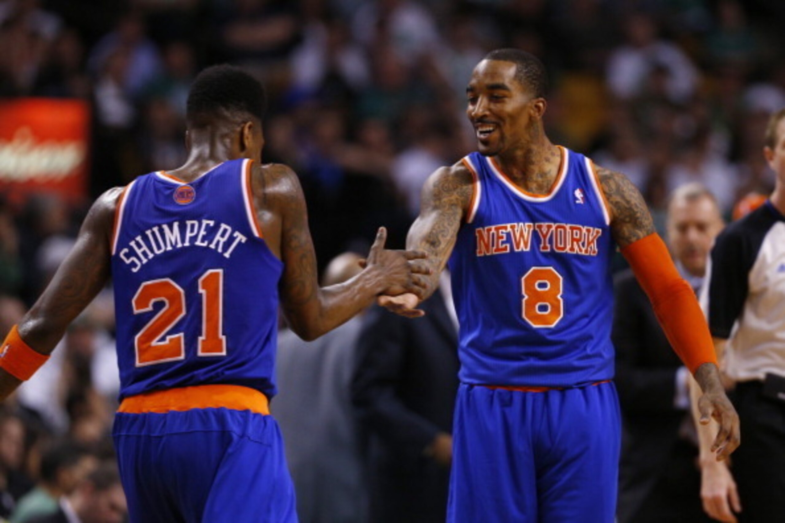 BOSTON, MA - MAY 3: Iman Shumpert #21 and J.R. Smith #8 of the New York Knicks react during a timeout in the 4th quarter as they defeat the Celtics 88-80 in Game Six of the Eastern Conference Quarterfinals of the 2013 NBA Playoffs on May 3, 2013 at TD G BOSTON, MA - MAY 3: Iman Shumpert #21 and J.R. Smith #8 of the New York Knicks react during a timeout in the 4th quarter as they defeat the Celtics 88-80 in Game Six of the Eastern Conference Quarterfinals of the 2013 NBA Playoffs on May 3, 2013 at TD G