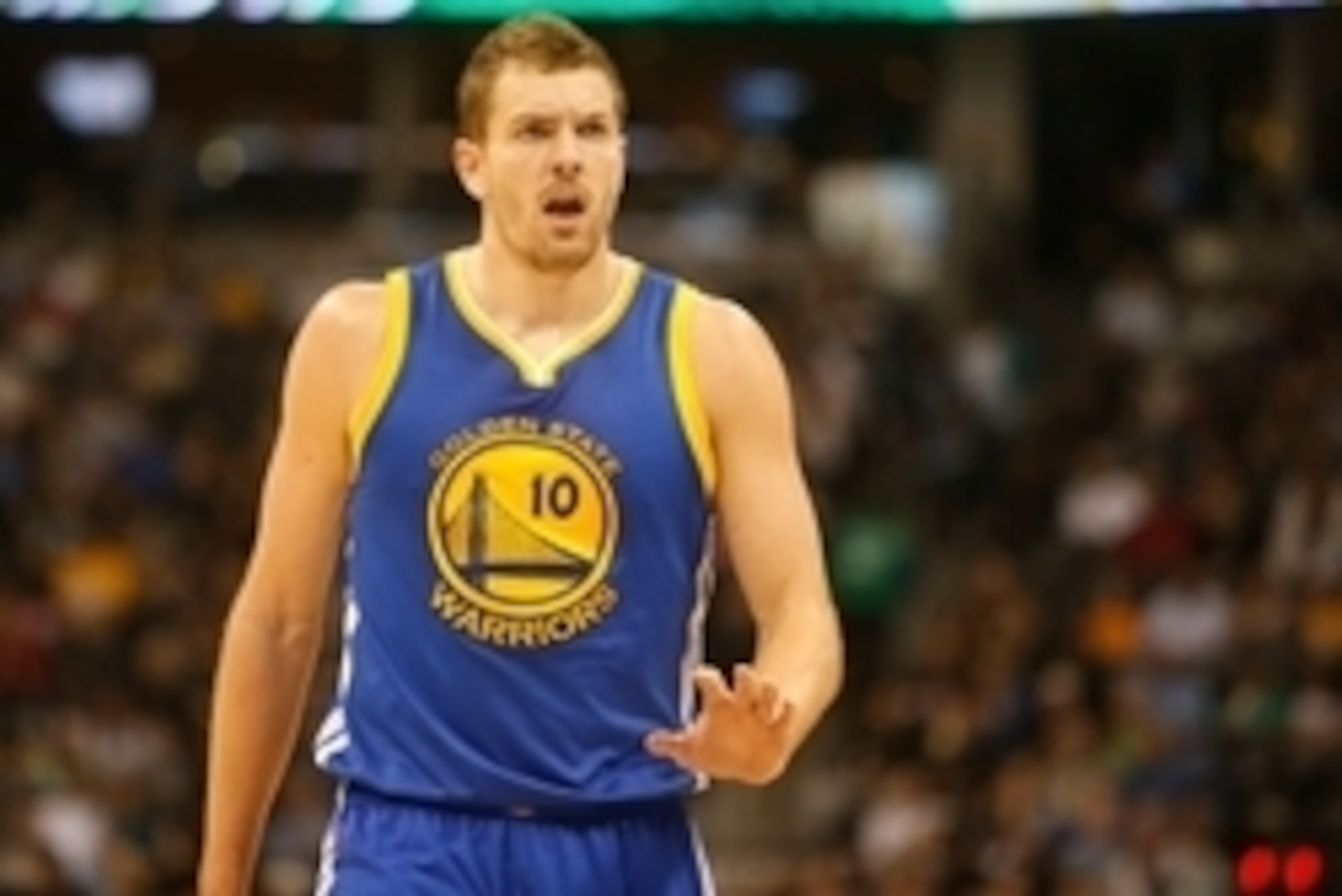 Mar 13, 2015; Denver, CO, USA; Golden State Warriors forward David Lee (10) during the game against the Denver Nuggets at Pepsi Center. Mandatory Credit: Chris Humphreys-USA TODAY Sports