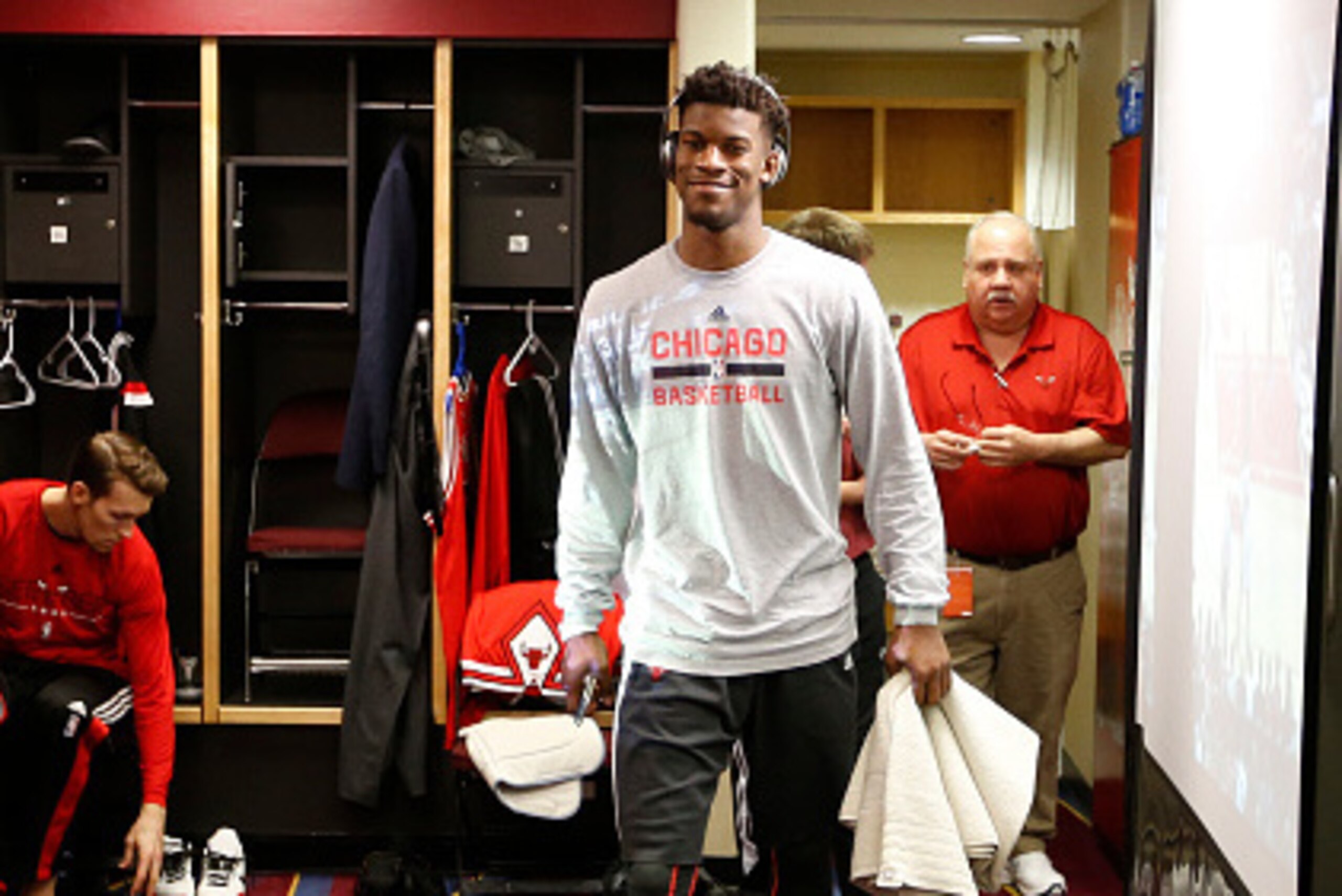 CLEVELAND, OH - MAY 12: Jimmy Butler #21 of the Chicago Bulls in the locker room before a game against the Cleveland Cavaliers in Game Five of the Eastern Conference Semifinals during the 2015 NBA Playoffs at The Quicken Loans Arena on May 12, 2015 in Cle