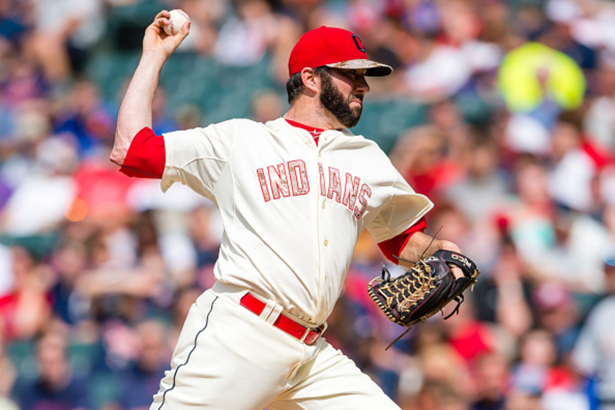 CLEVELAND, OH -  MAY 25: Starting pitcher Shaun Marcum #38 of the Cleveland Indians pitches during the first inning against the Texas Rangers at Progressive Field on May 25, 2015 in Cleveland, Ohio. (Photo by Jason Miller/Getty Images)