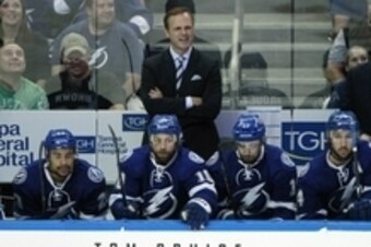 May 22, 2015; Tampa, FL, USA; Tampa Bay Lightning head coach Jon Cooper in the first period in game four of the Eastern Conference Final of the 2015 Stanley Cup Playoffs against the New York Rangers at Amalie Arena. Mandatory Credit: Kim Klement-USA TODAY