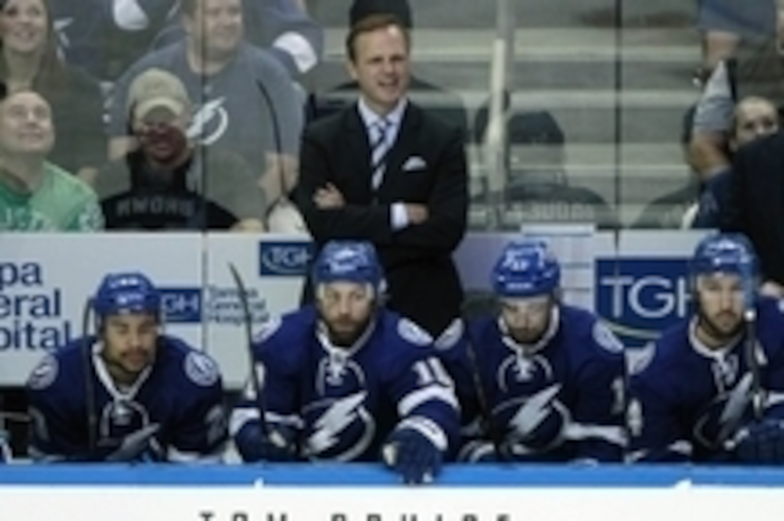 May 22, 2015; Tampa, FL, USA; Tampa Bay Lightning head coach Jon Cooper in the first period in game four of the Eastern Conference Final of the 2015 Stanley Cup Playoffs against the New York Rangers at Amalie Arena. Mandatory Credit: Kim Klement-USA TODAY