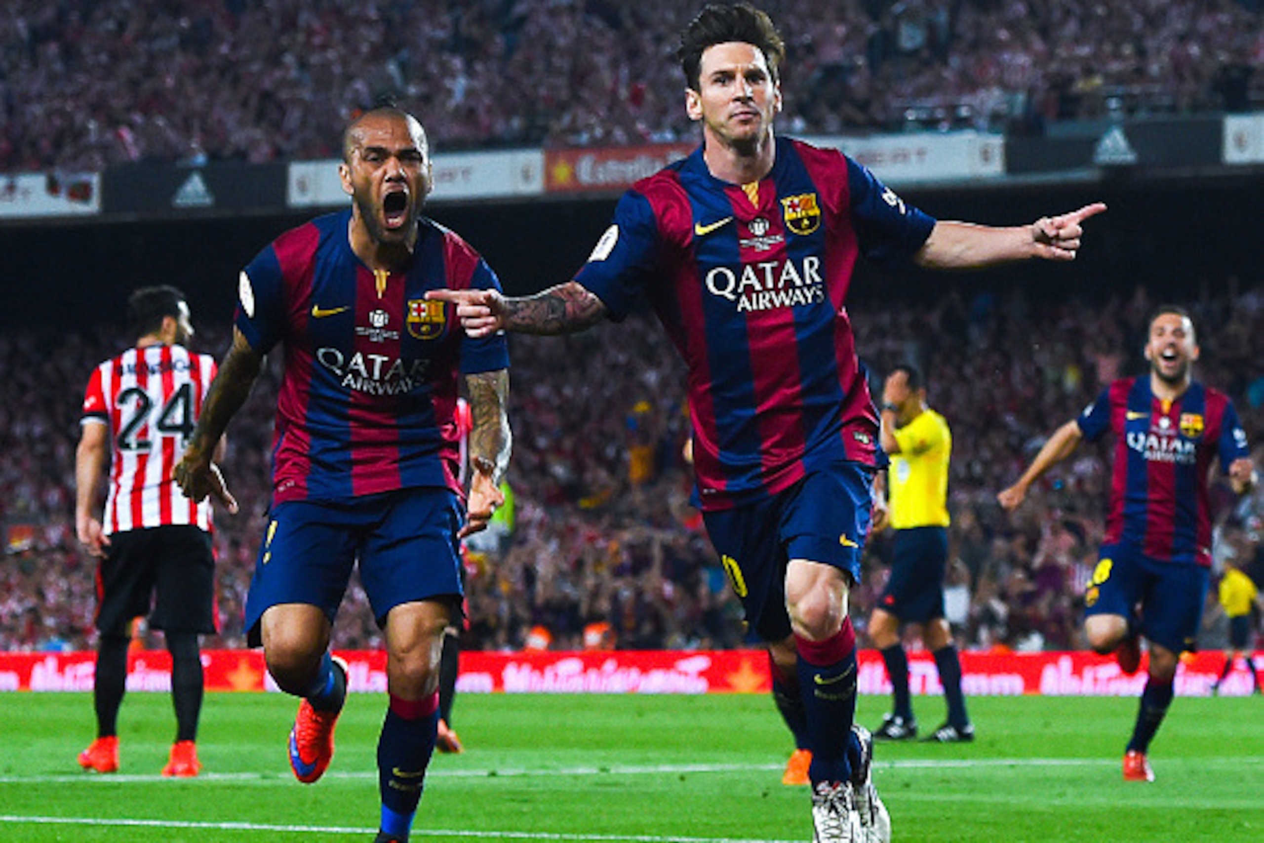 BARCELONA, SPAIN - MAY 30:  Lionel Messi of FC Barcelona celebrates after scoring the opening goal during the Copa del Rey Final match between FC Barcelona and Athletic Club at Camp Nou on May 30, 2015 in Barcelona, Spain.  (Photo by David Ramos/Getty Ima