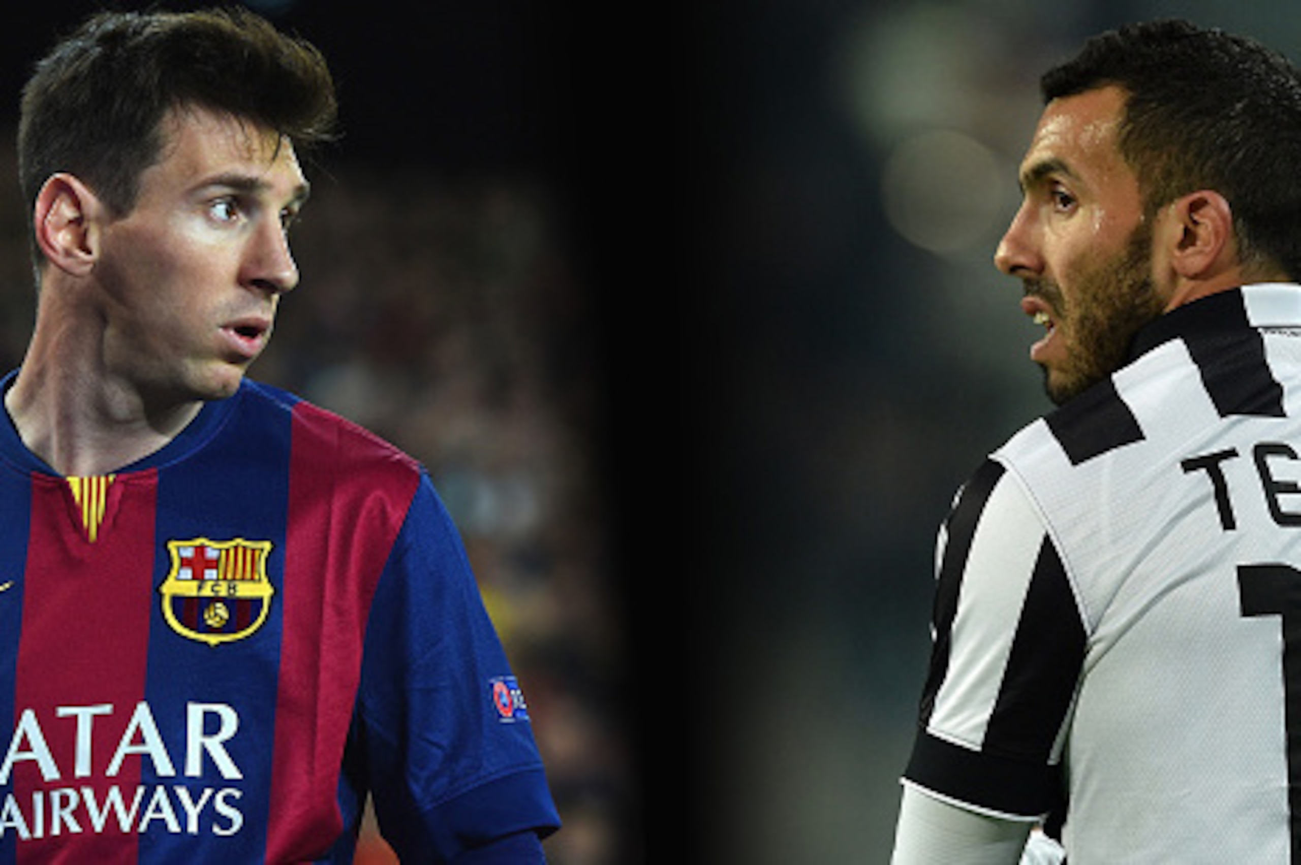 (FILE PHOTO - Image Numbers 466730288 (L) and 466474110- EDITORS NOTE: A GRADIENT HAS BEEN ADDED)  In this composite image a comparison has been made between Lionel Messi of FC Barcelona (L) and Carlos Tevez of Juventus FC. Juventus and FC Barcelona meet 