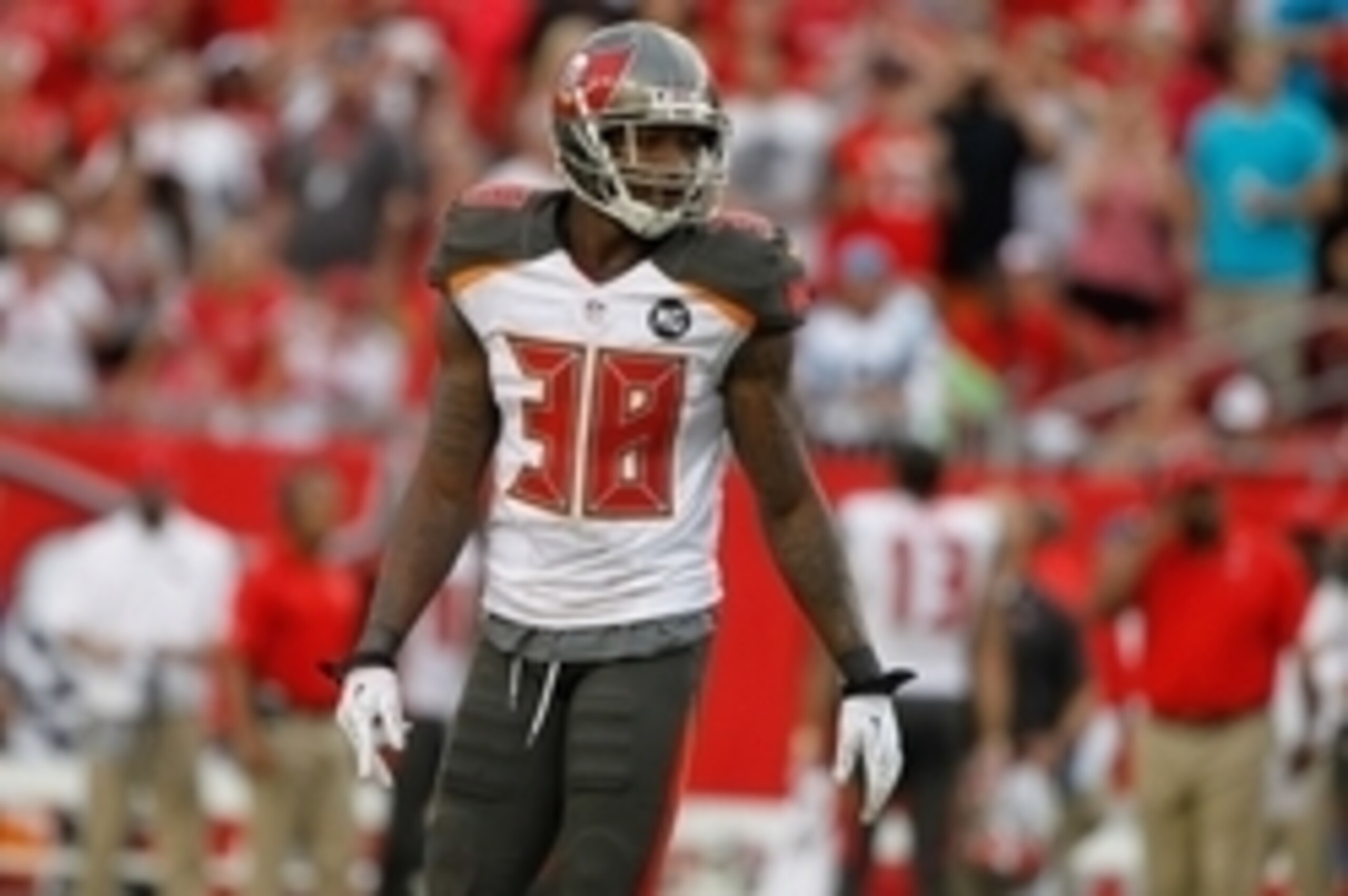 Sep 7, 2014; Tampa, FL, USA; Tampa Bay Buccaneers free safety Dashon Goldson (38) against the Carolina Panthers during the second half at Raymond James Stadium. Carolina Panthers defeated the Tampa Bay Buccaneers 20-14. Mandatory Credit: Kim Klement-USA T
