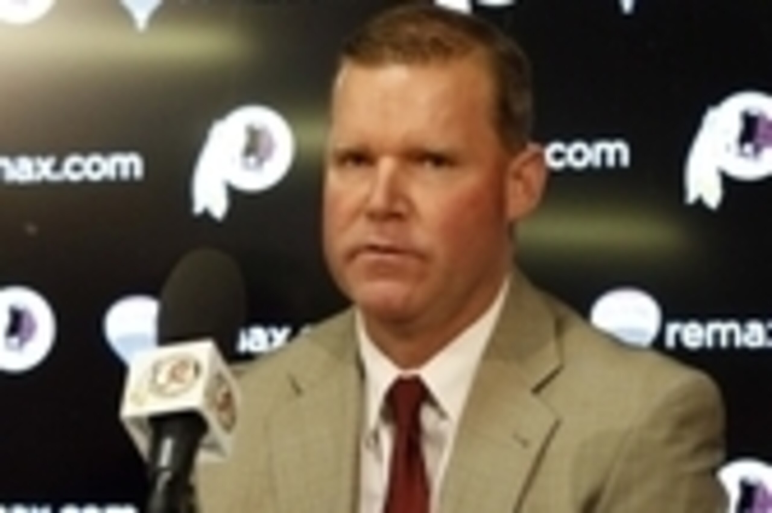 Jan 9, 2015; Ashburn, VA, USA; Washington Redskins new general manager Scot McCloughan (right) speaks during his introductory press conference at Redskins Park. Mandatory Credit: Geoff Burke-USA TODAY Sports