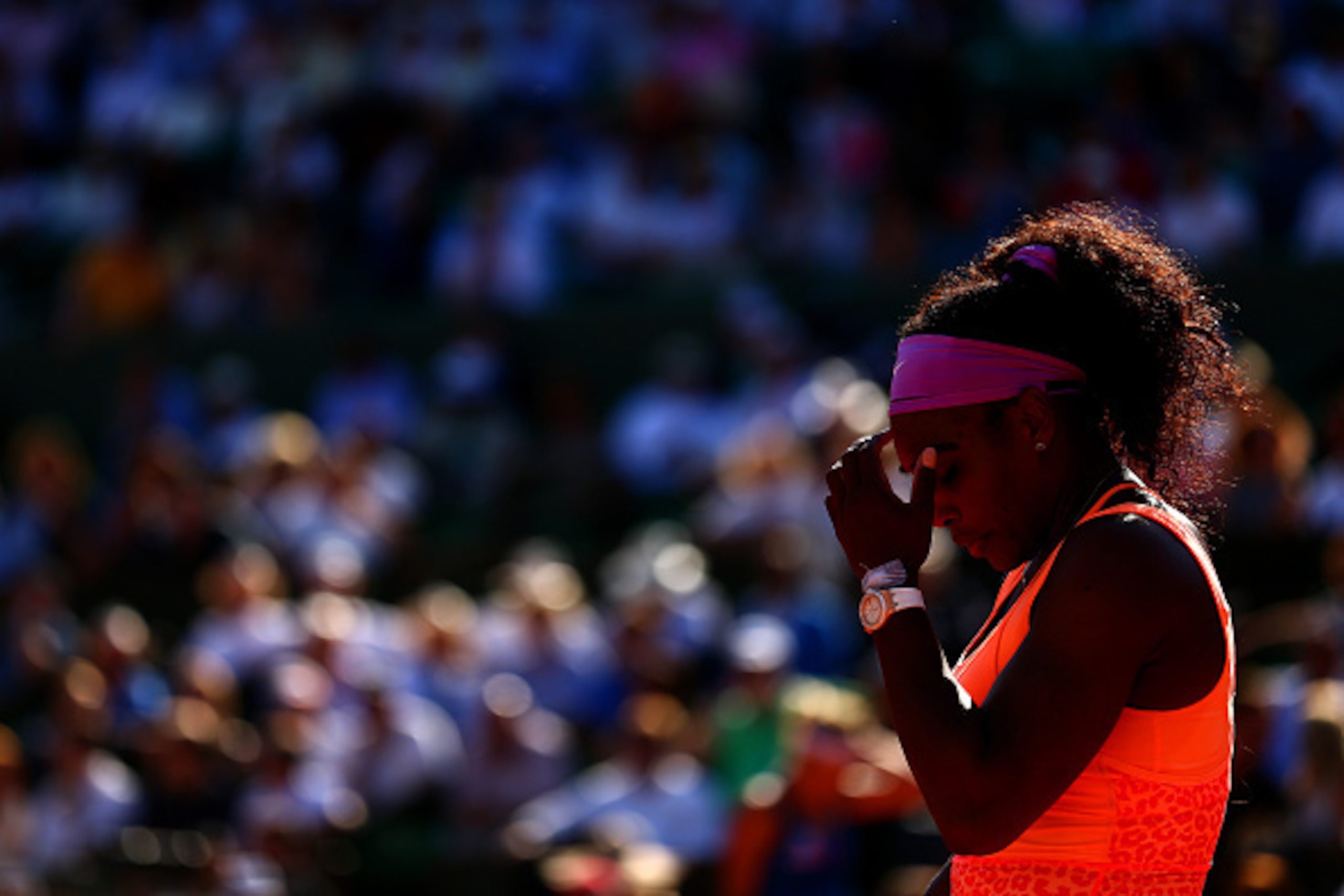 PARIS, FRANCE - JUNE 04:  Serena Williams of the United States reacts during her Women's Semi final match against Timea Bacsinszky of Switzerland on day twelve of the 2015 French Open at Roland Garros on June 4, 2015 in Paris, France.  (Photo by Dan Istit