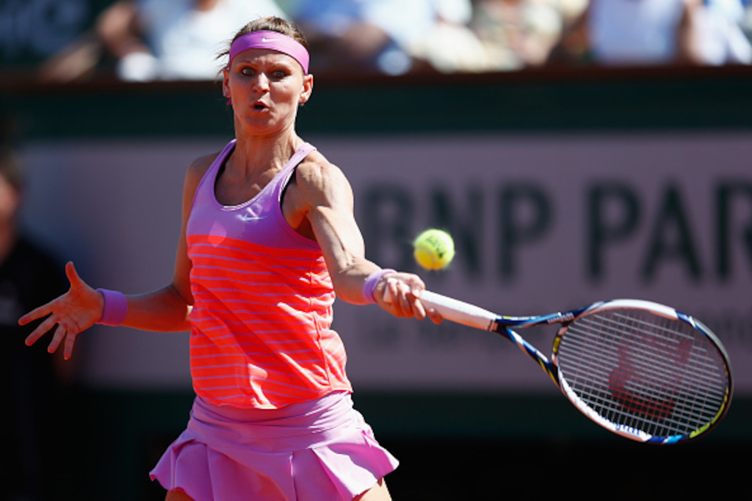 PARIS, FRANCE - JUNE 04:  Lucie Safarova of Czech Repbulic returns a shot during her Women's Semi final match against Ana Ivanovic of Serbia on day twelve of the 2015 French Open at Roland Garros on June 4, 2015 in Paris, France.  (Photo by Julian Finney/
