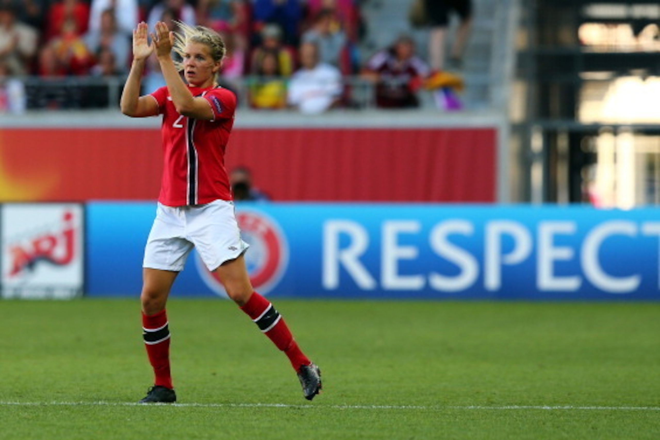 KALMAR, SWEDEN - JULY 22:  Ada Hegerberg (#21) of Norway reactsl during the UEFA Women's Euro 2013 quarter final match between Norway and Spain at Kalmar Arena on July 22, 2013 in Kalmar, Sweden.  (Photo by Martin Rose/Getty Images)