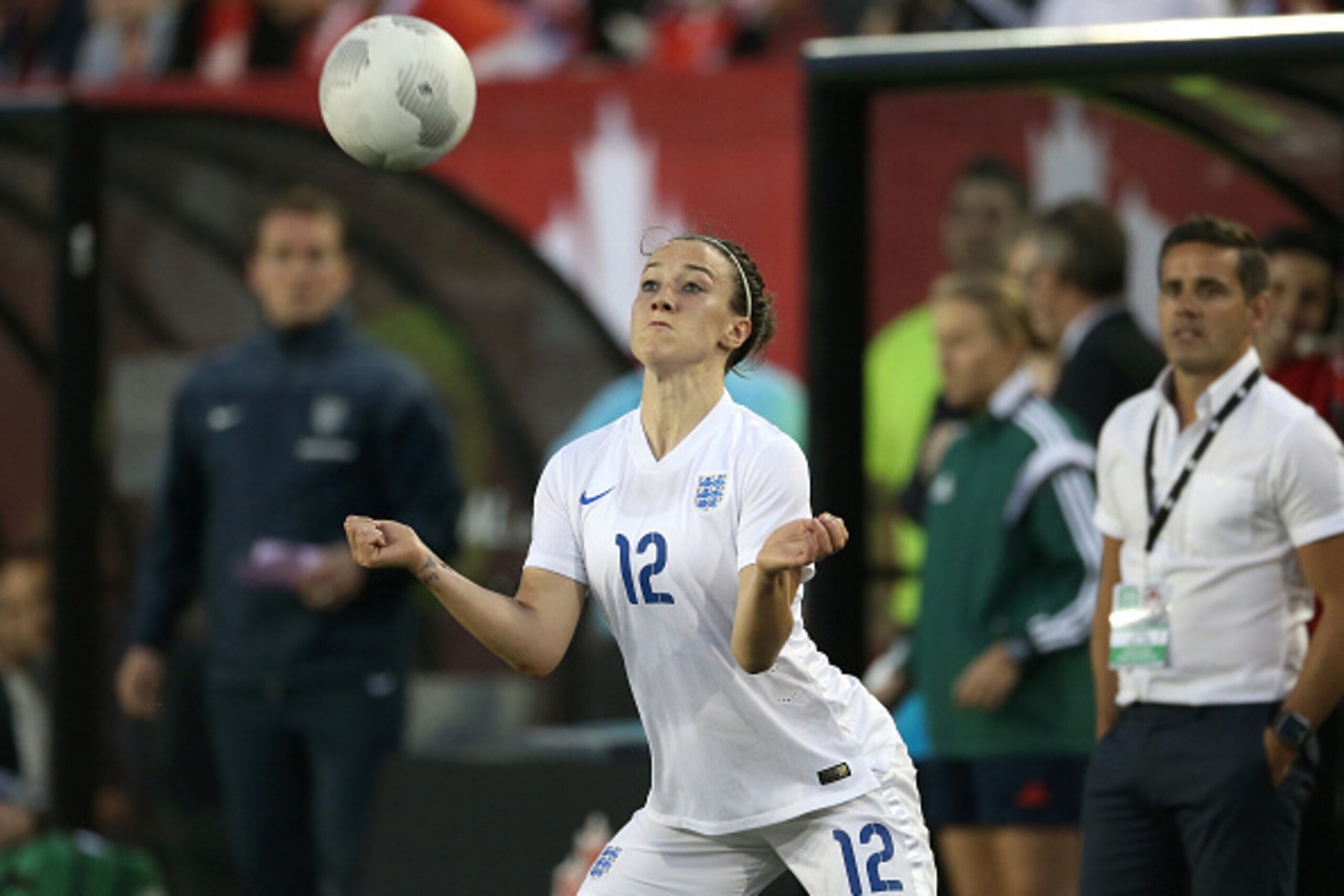 HAMILTON, CANADA - MAY 29: Lucy Bronze #12 of England prepares to settle the ball against Canada during their Women's International Friendly match on May 29, 2015 at Tim Hortons Field in Hamilton, Ontario, Canada. (Photo by Tom Szczerbowski/Getty Images)