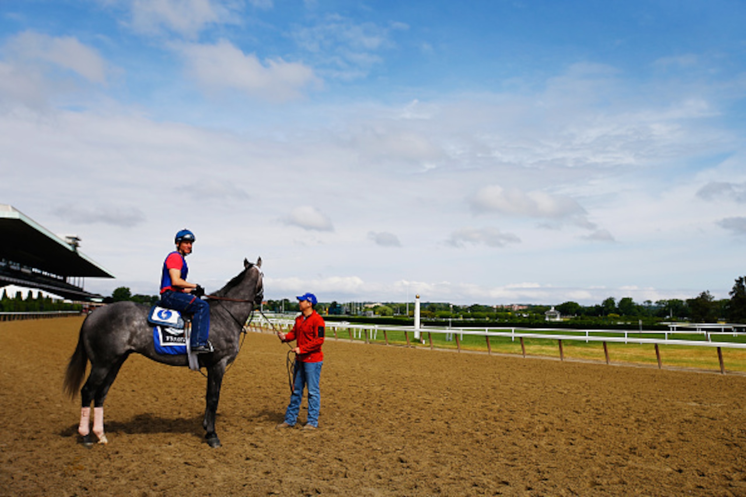 ELMONT, NY - JUNE 03:  Frosted, with Renzo Morales up walks on the track during training at Belmont Park on June 3, 2015 in Elmont, New York.  (Photo by Al Bello/Getty Images)
