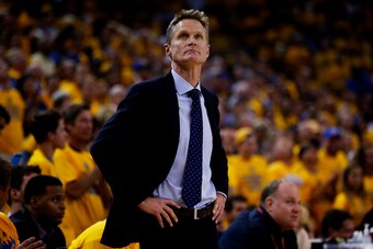 OAKLAND, CA - JUNE 04:  Head Coach Steve Kerr of the Golden State Warriors looks on in the first quarter against the Cleveland Cavaliers during Game One of the 2015 NBA Finals at ORACLE Arena on June 4, 2015 in Oakland, California. NOTE TO USER: User expr