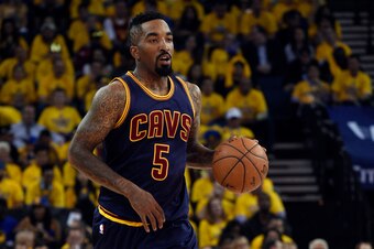 Jun 4, 2015; Oakland, CA, USA; Cleveland Cavaliers guard J.R. Smith (5) brings the ball up court during the second quarter against the Golden State Warriors in game one of the NBA Finals at Oracle Arena. Mandatory Credit: Kyle Terada-USA TODAY Sports
