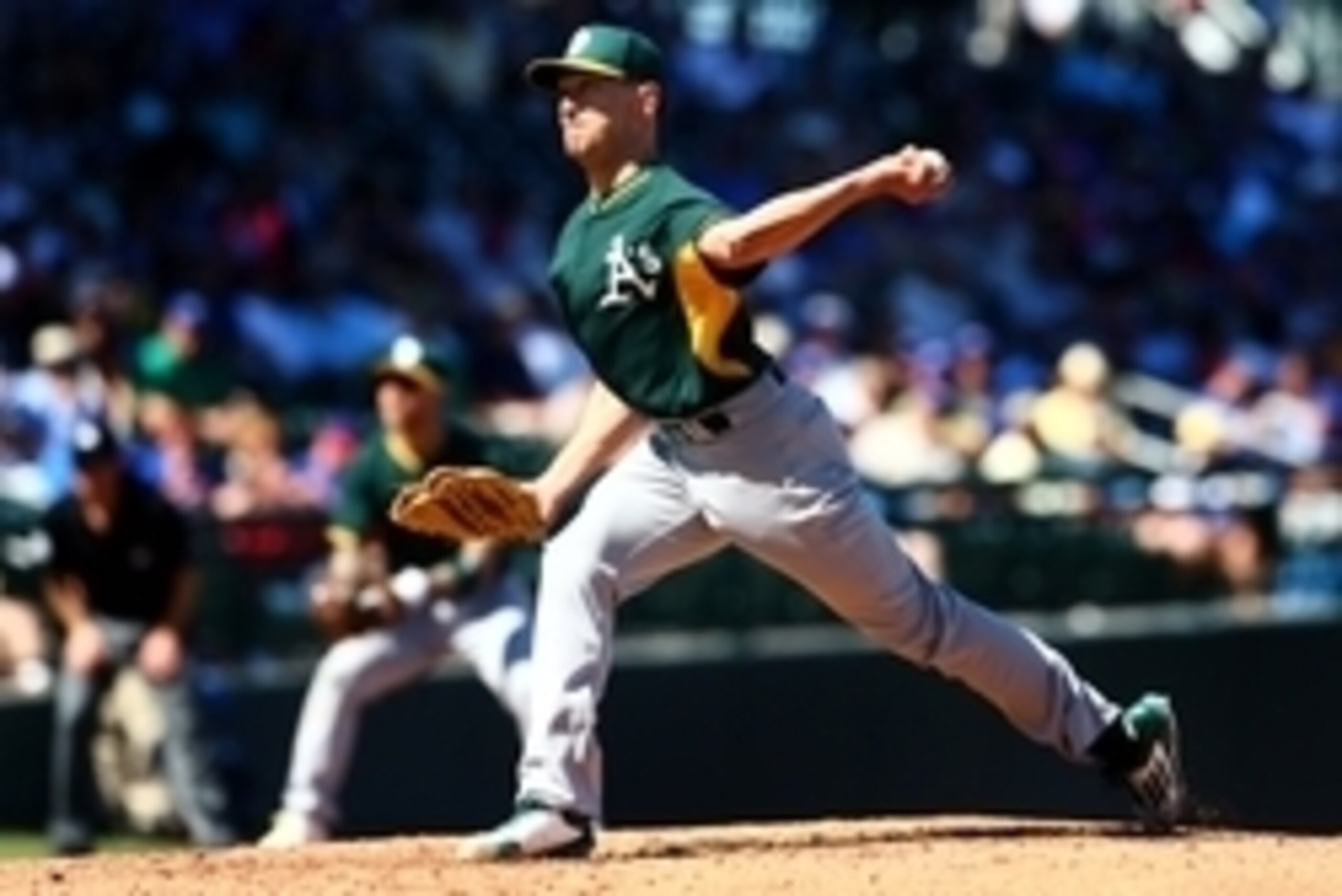 Mar 5, 2015; Mesa, AZ, USA; Oakland Athletics pitcher Pat Venditte against the Chicago Cubs during a spring training baseball game at Sloan Park. Mandatory Credit: Mark J. Rebilas-USA TODAY Sports