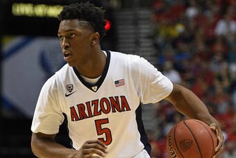 LAS VEGAS, NV - MARCH 12:  Stanley Johnson #5 of the Arizona Wildcats brings the ball up the court against the California Golden Bears during a quarterfinal game of the Pac-12 Basketball Tournament at the MGM Grand Garden Arena on March 12, 2015 in Las Ve