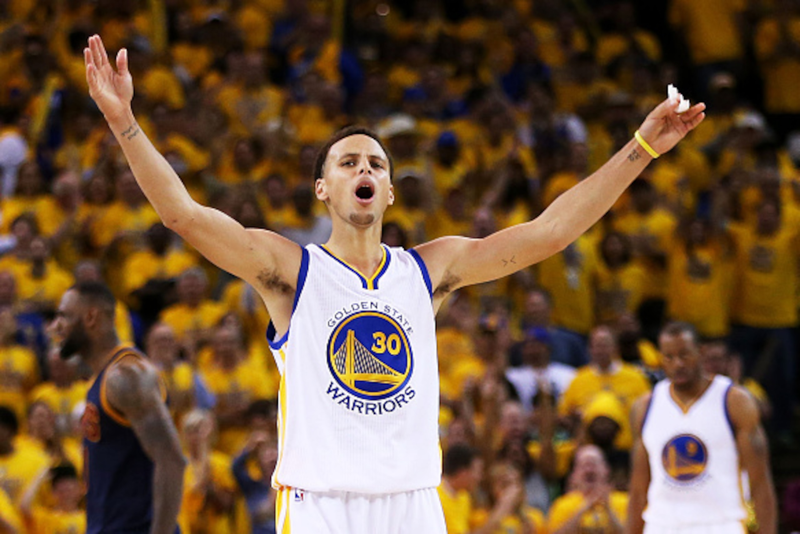 OAKLAND, CA - JUNE 04: Stephen Curry #30 of the Golden State Warriors reacts in overtime against the Cleveland Cavaliers during Game One of the 2015 NBA Finals at ORACLE Arena on June 4, 2015 in Oakland, California. NOTE TO USER: User expressly acknowled OAKLAND, CA - JUNE 04: Stephen Curry #30 of the Golden State Warriors reacts in overtime against the Cleveland Cavaliers during Game One of the 2015 NBA Finals at ORACLE Arena on June 4, 2015 in Oakland, California. NOTE TO USER: User expressly acknowled