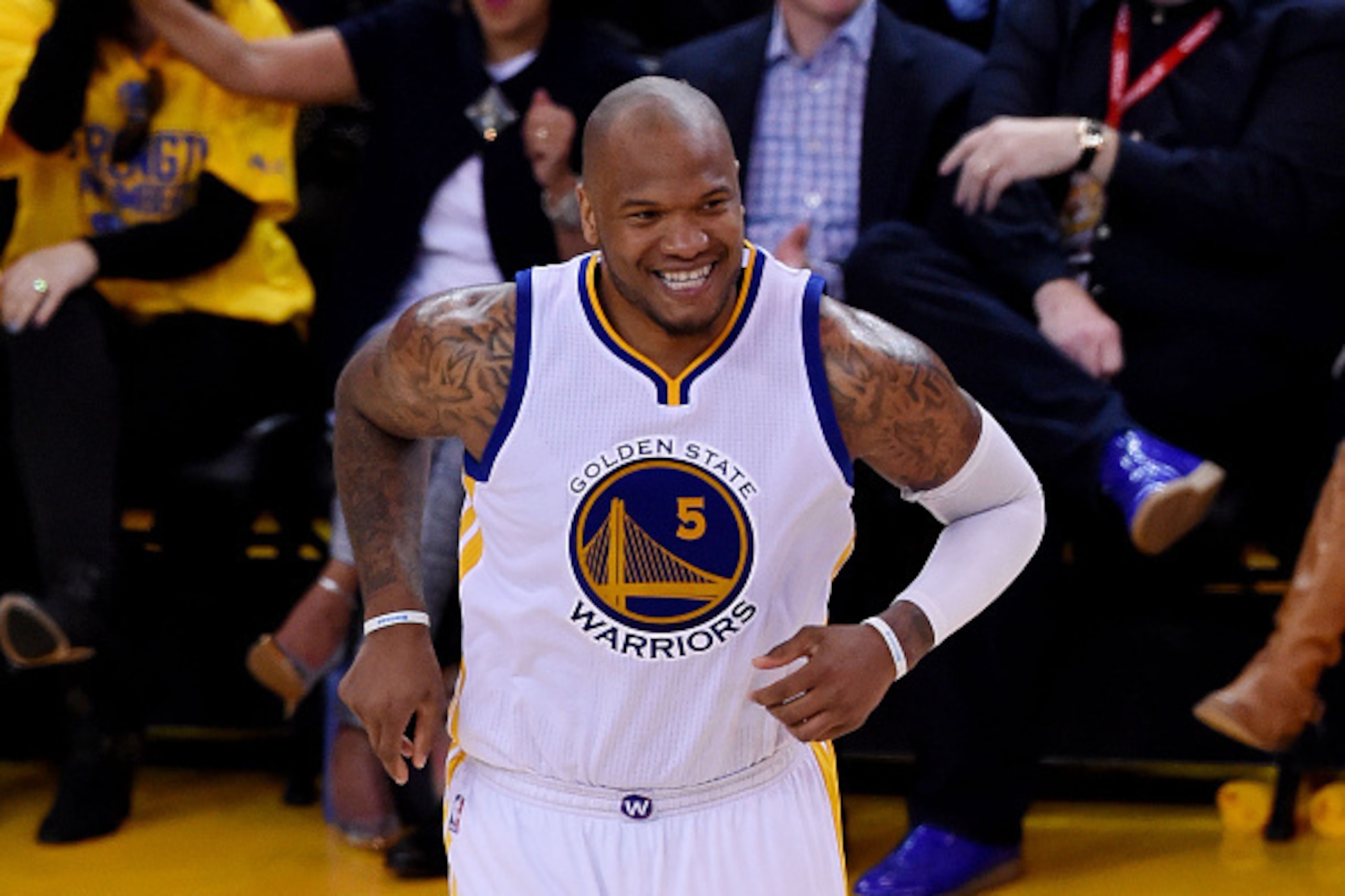 OAKLAND, CA - JUNE 04: Marreese Speights #5 of the Golden State Warriors reacts in the second half against the Cleveland Cavaliers during Game One of the 2015 NBA Finals at ORACLE Arena on June 4, 2015 in Oakland, California. NOTE TO USER: User expressly OAKLAND, CA - JUNE 04: Marreese Speights #5 of the Golden State Warriors reacts in the second half against the Cleveland Cavaliers during Game One of the 2015 NBA Finals at ORACLE Arena on June 4, 2015 in Oakland, California. NOTE TO USER: User expressly