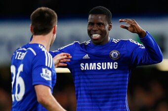 LONDON, ENGLAND - JANUARY 27: Kurt Zouma of Chelsea celebrates victory with John Terry of Chelsea  during the Capital One Cup Semi-Final second leg between Chelsea and Liverpool at Stamford Bridge on January 27, 2015 in London, England.  (Photo by Julian 
