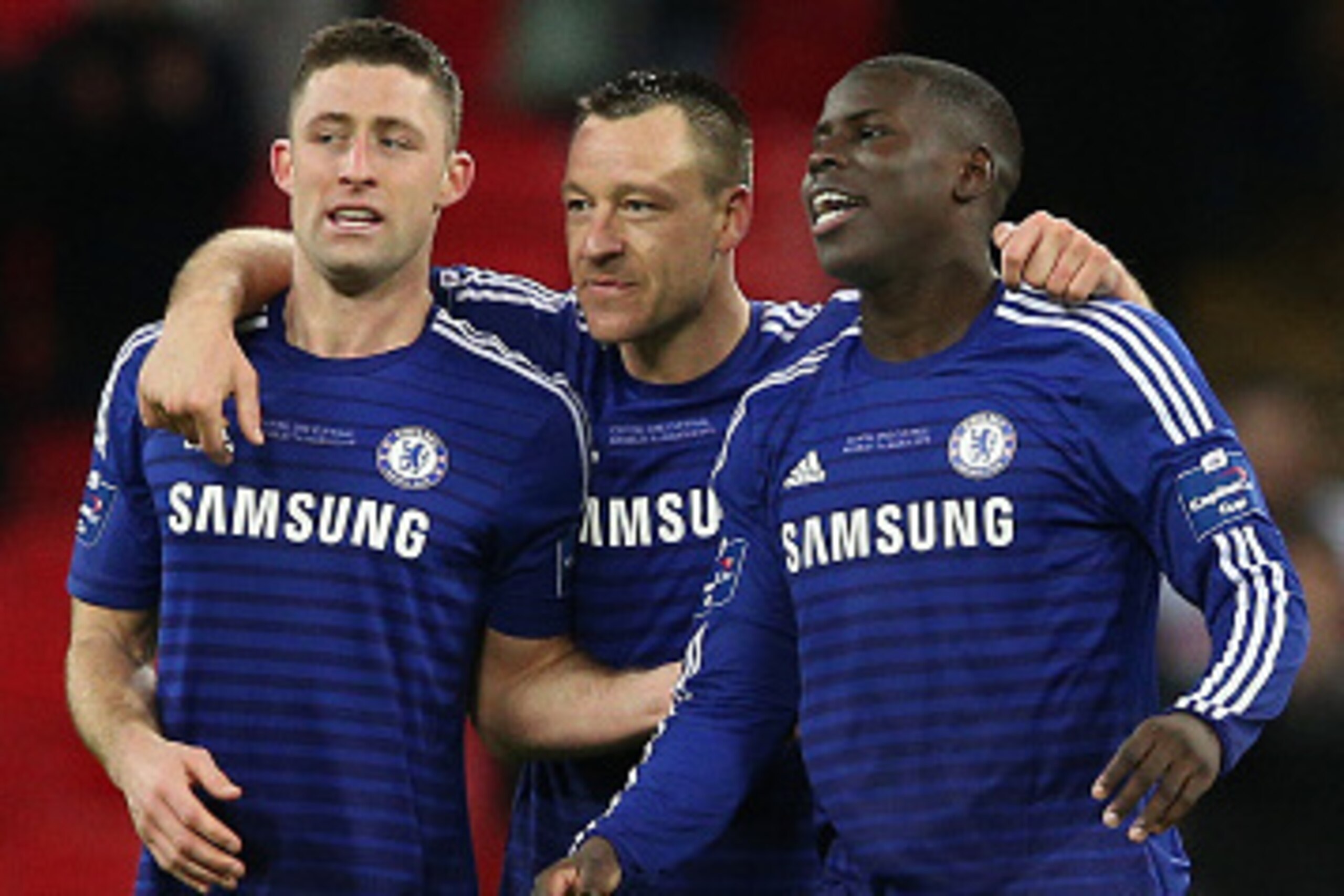 LONDON, ENGLAND - MARCH 01:  (L-R) Gary Cahill, John Terry and Kurt Zouma of Chelsea celebrate after victory in the Capital One Cup Final match between Chelsea and Tottenham Hotspur at Wembley Stadium on March 1, 2015 in London, England.  (Photo by Clive 