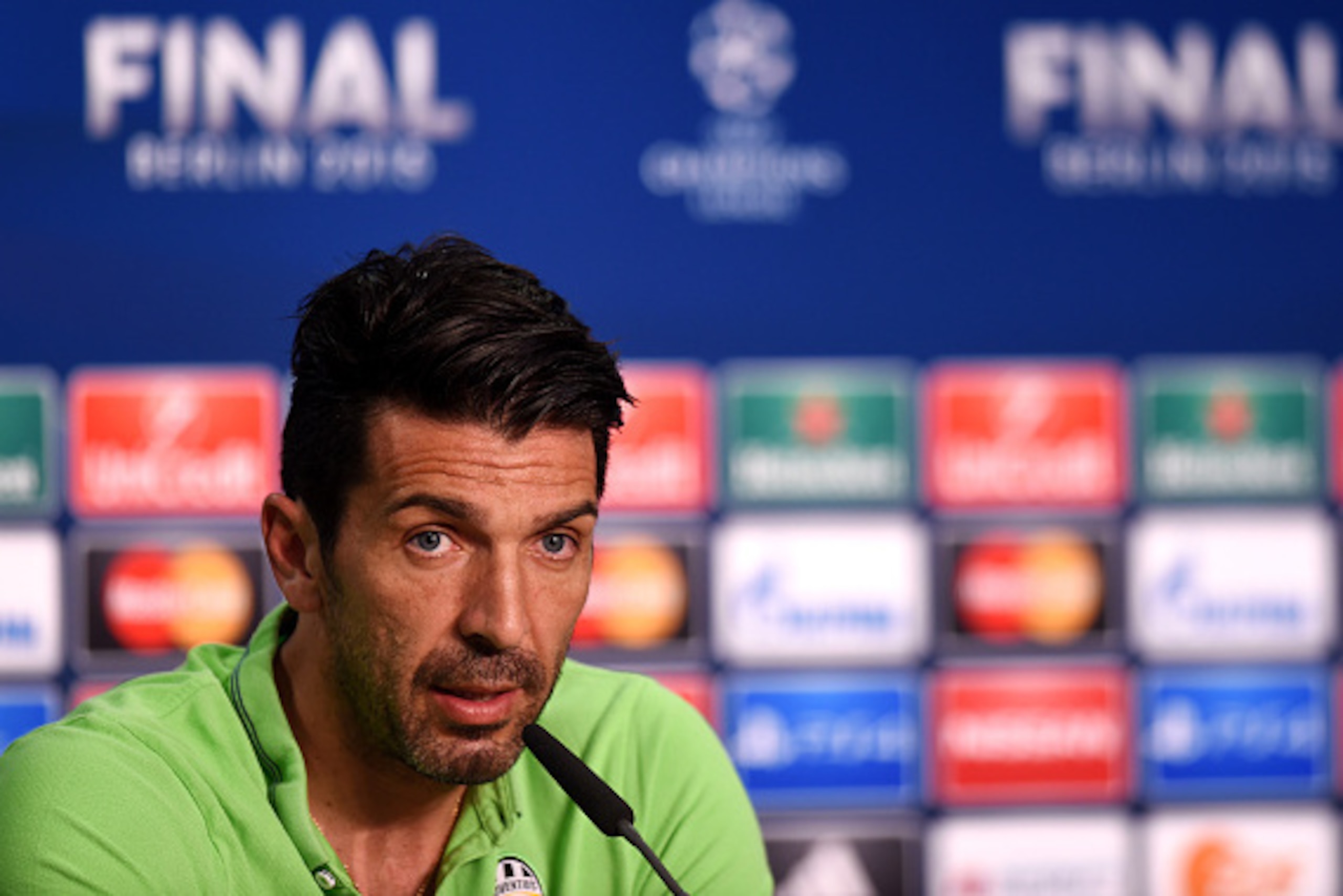 BERLIN, GERMANY - JUNE 05:  In this handout image provided by UEFA, Gianluigi Buffon of Juventus talks during a Juventus press conference on the eve of the UEFA Champions League Final match against FC Barcelona at Olympiastadion on June 5, 2015 in Berlin,