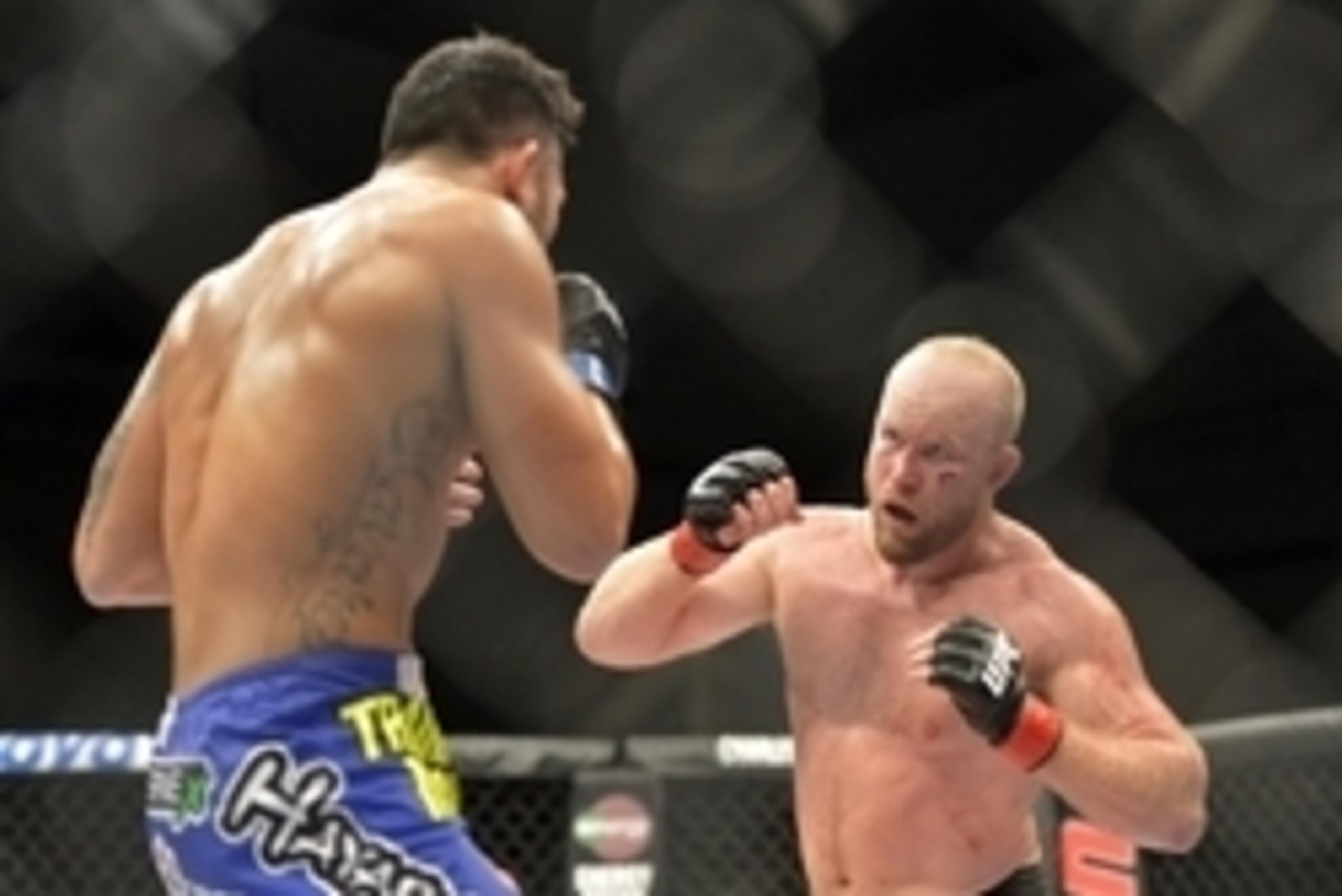 Aug 16, 2014; Bangor, ME, USA; Tim Boetsch (red gloves) fights Brad Tavares (blue gloves) during a middleweight  bout in UFC Fight Night 47 at Cross Insurance Center. Mandatory Credit: Gregory J. Fisher-USA TODAY Sports