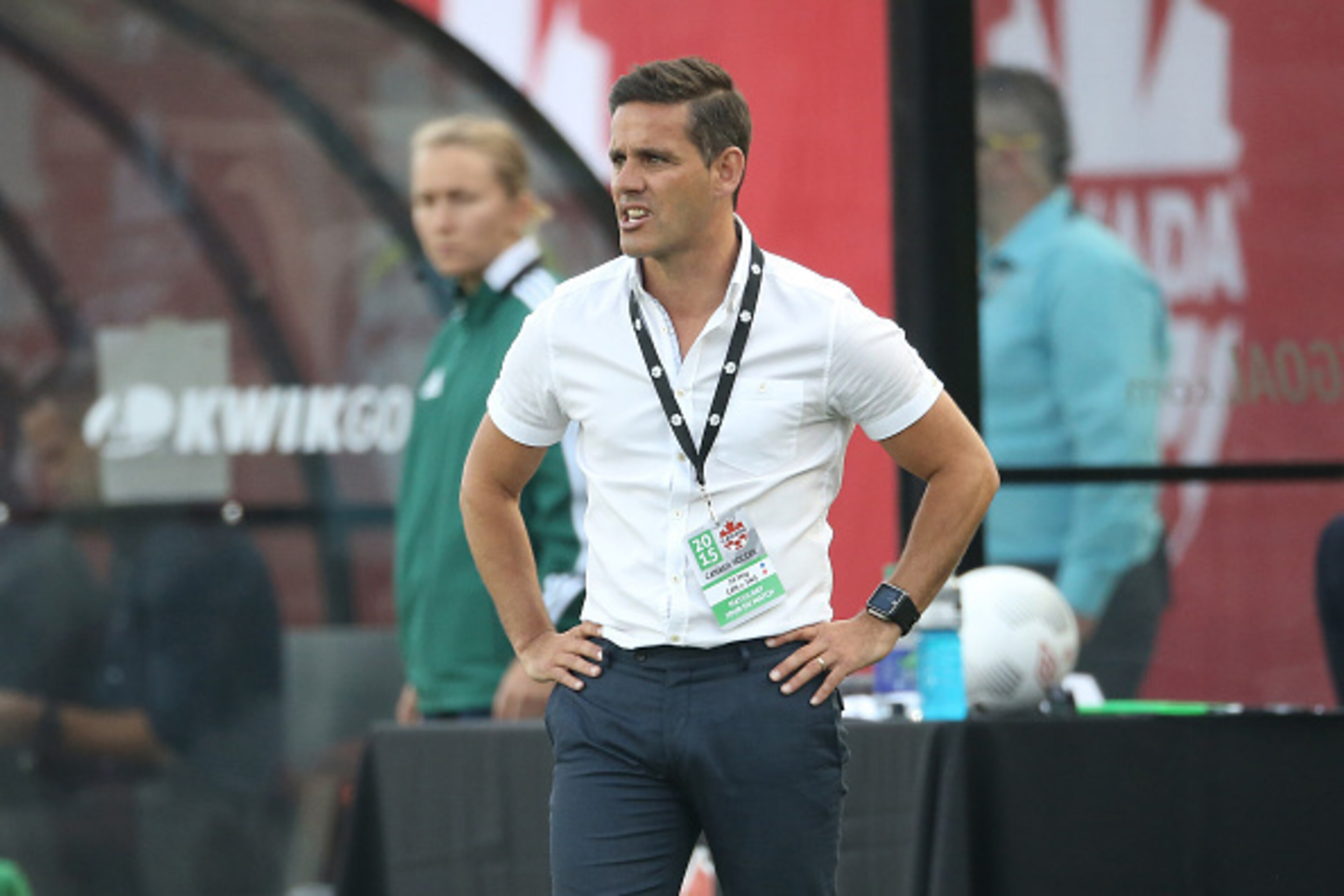 HAMILTON, CANADA - MAY 29: Head coach John Herdman of Canada looks on from the sideline against England during their Women's International Friendly match on May 29, 2015 at Tim Hortons Field in Hamilton, Ontario, Canada. (Photo by Tom Szczerbowski/Getty I