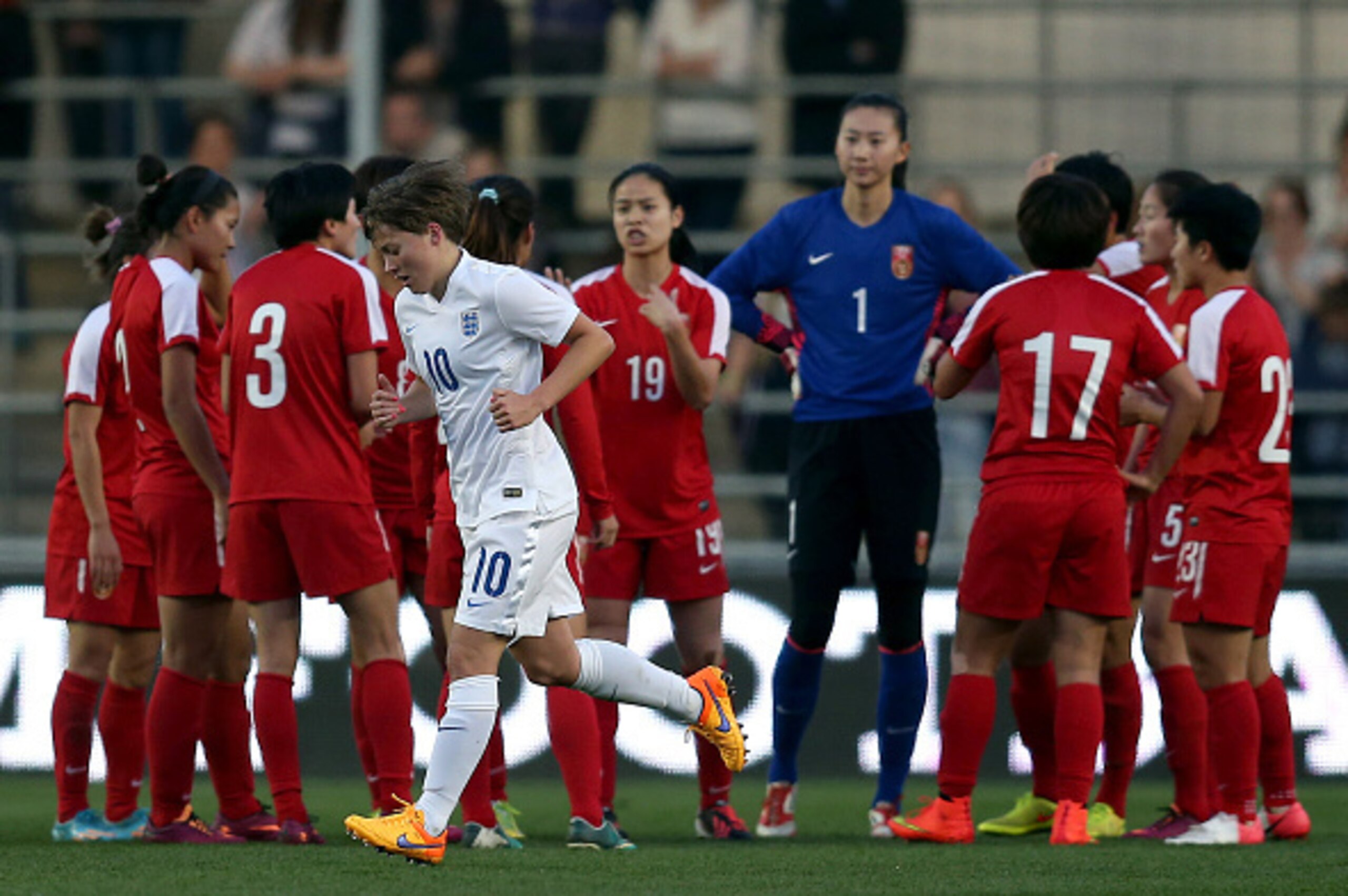 MANCHESTER, ENGLAND - APRIL 09: Fran Kirby of England runs back to the half-way line after scoring her side's second goal during the Women's Friendly International match between England and China at the Manchester City Academy Stadium on April 9, 2015 in MANCHESTER, ENGLAND - APRIL 09: Fran Kirby of England runs back to the half-way line after scoring her side's second goal during the Women's Friendly International match between England and China at the Manchester City Academy Stadium on April 9, 2015 in