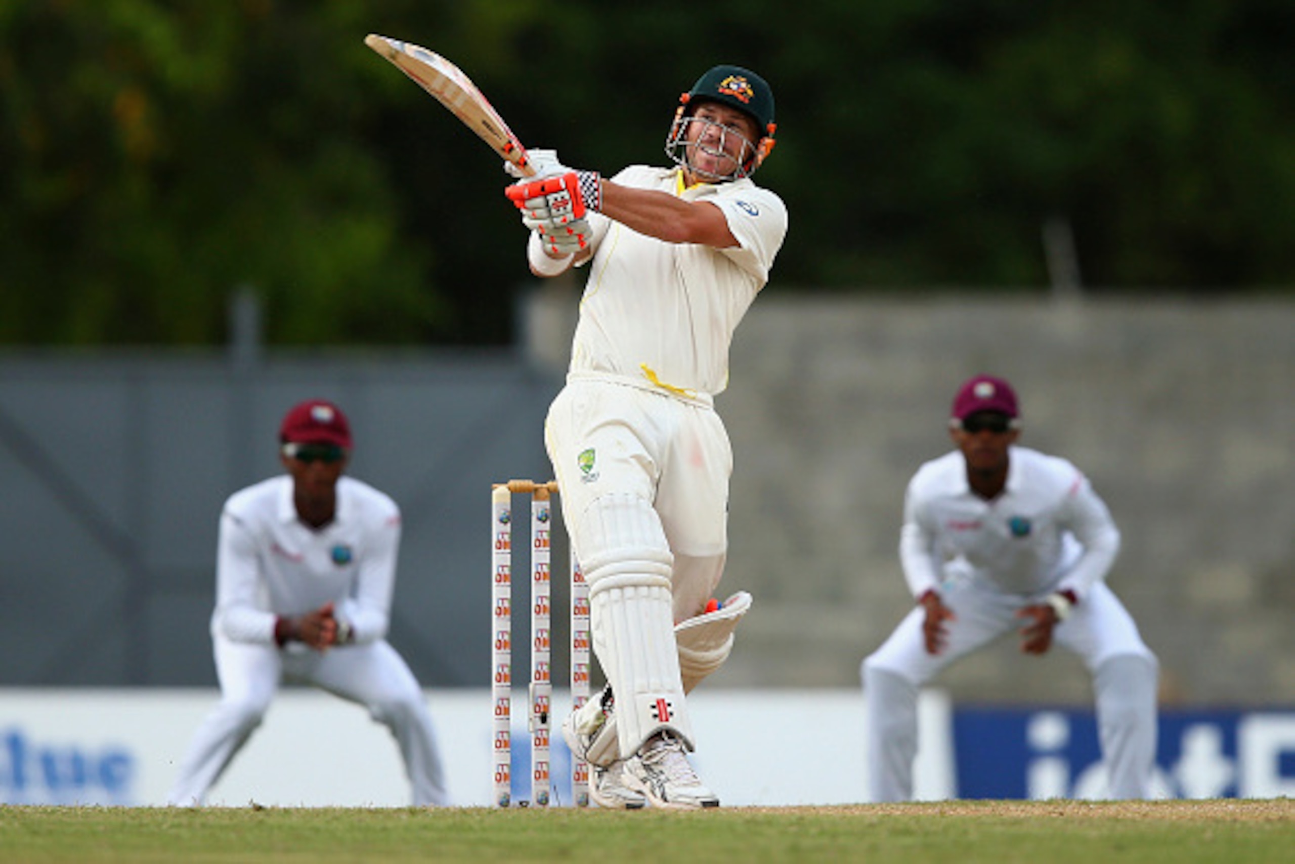 ROSEAU, DOMINICA - JUNE 05:  David Warner of Australia bats during day three of the First Test match between Australia and the West Indies at Windsor Park on June 5, 2015 in Roseau, Dominica.  (Photo by Ryan Pierse/Getty Images)