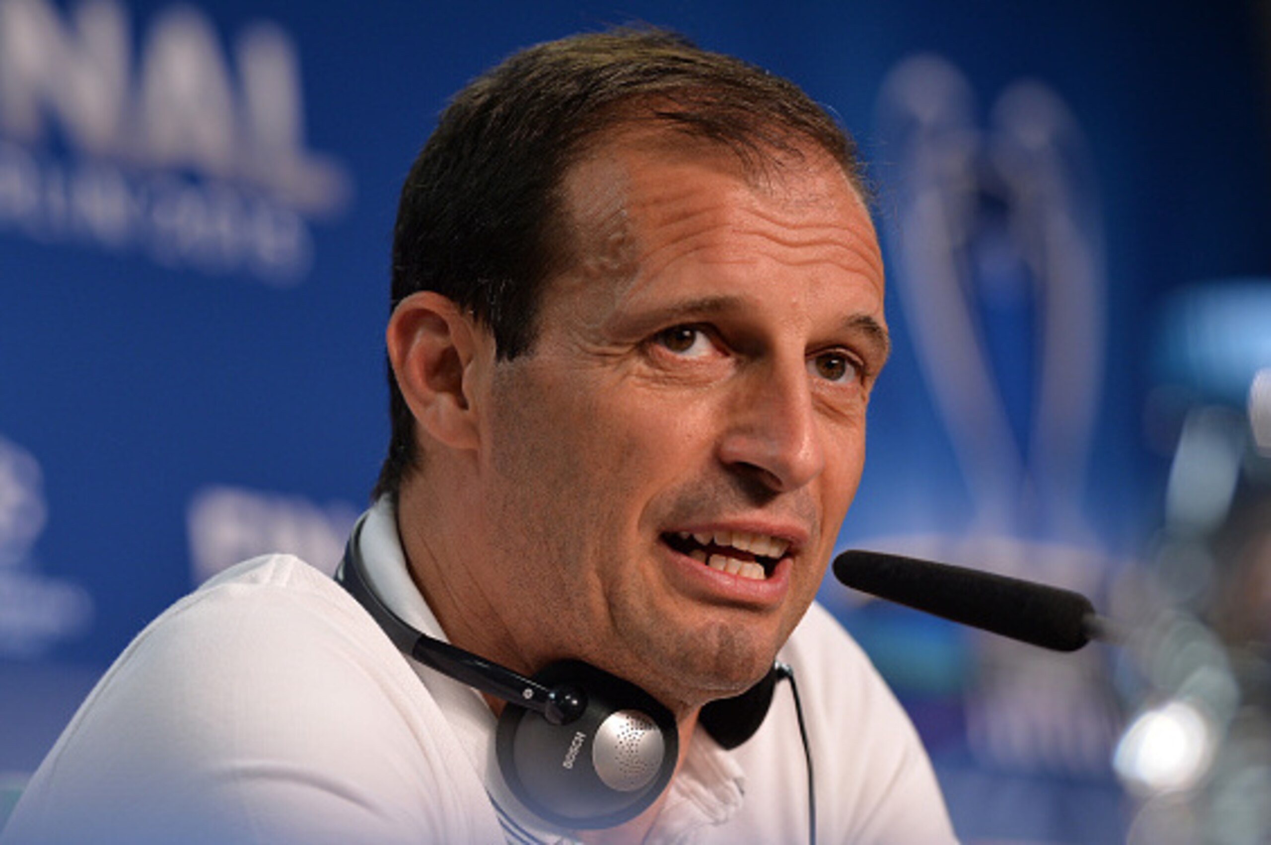 BERLIN, GERMANY - JUNE 05:  In this handout image provided by UEFA, Massimiliano Allegri manager of Juventus talks during a Juventus press conference on the eve of the UEFA Champions League Final match against FC Barcelona at Olympiastadion on June 5, 201