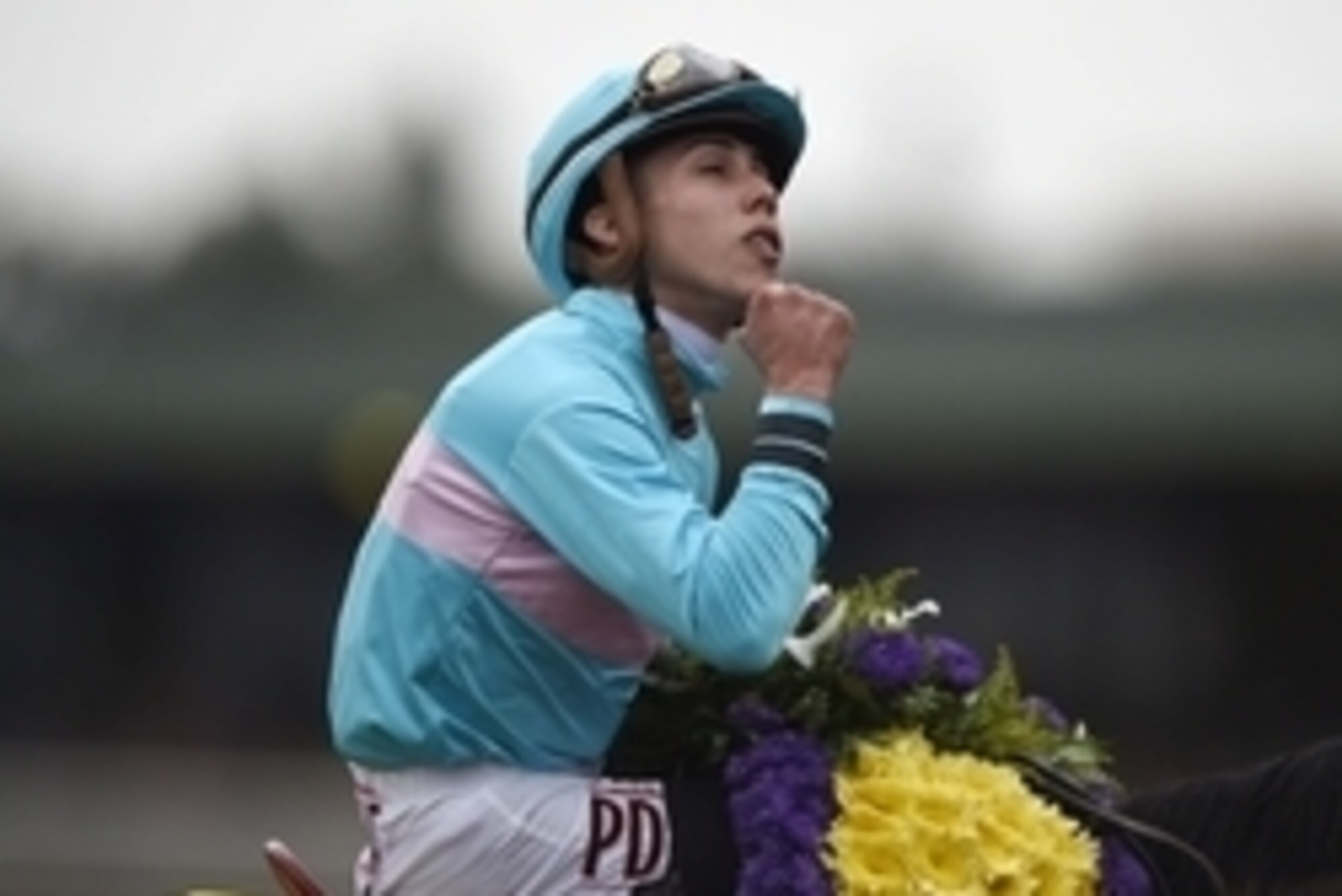 October 31, 2014; Santa Anita , CA, USA; Irad Ortiz Jr. jockey of Lady Eli celebrates victory of race eight of the 2014 Breeders Cup Championships at Santa Anita Park. Mandatory Credit: Kelvin Kuo-USA TODAY Sports