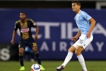 Apr 16, 2015; New York, NY, USA; New York City FC midfielder Mehdi Ballouchy (20) in action against the Philadelphia Union during the first half at Yankee Stadium. Mandatory Credit: Adam Hunger-USA TODAY Sports
