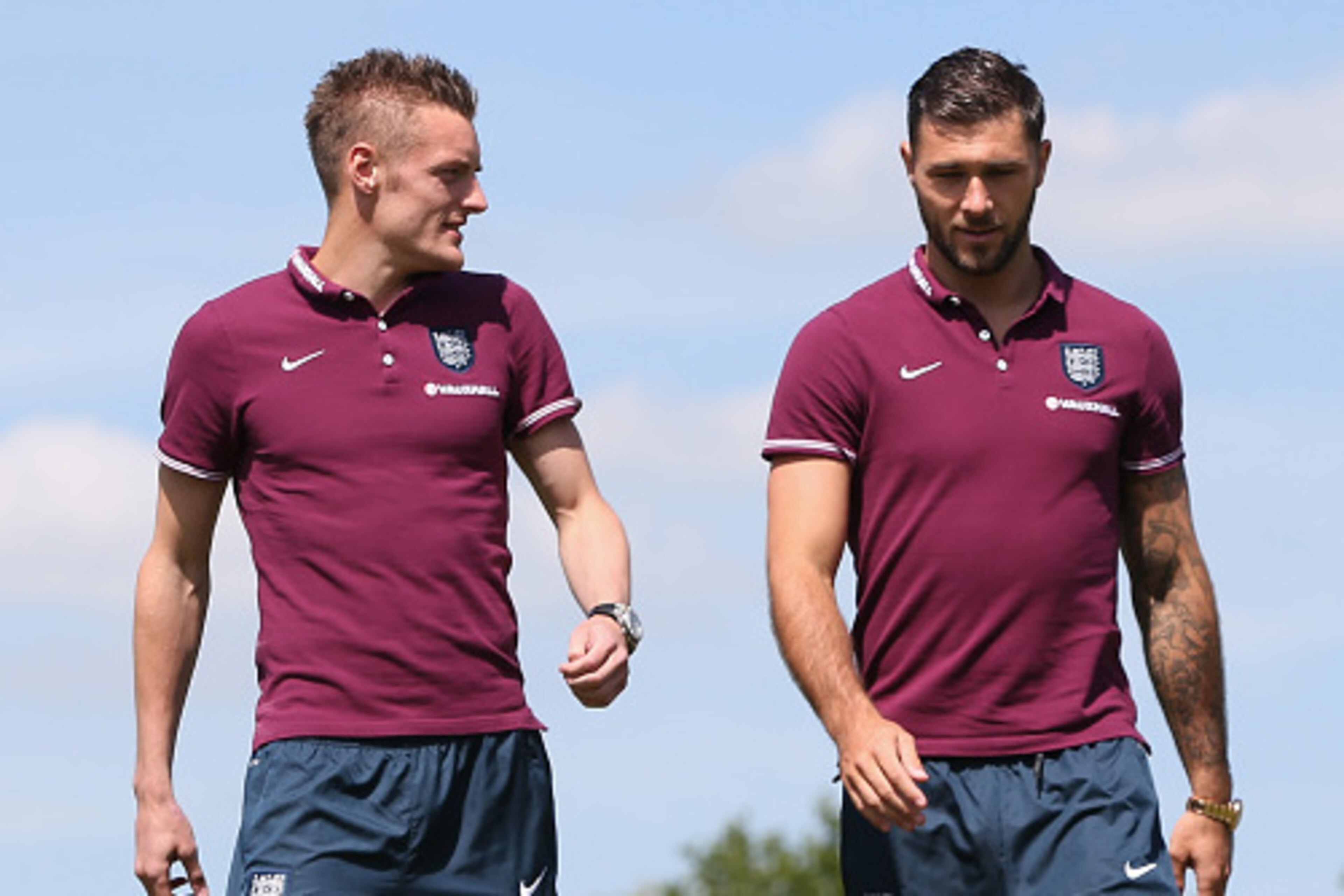 BURTON-UPON-TRENT, ENGLAND - JUNE 04:  Jamie Vardy (L) and Charlie Austin pose during the England press session held at St Georges Park on June 4, 2015 in Burton-upon-Trent, England.  (Photo by David Rogers/Getty Images)