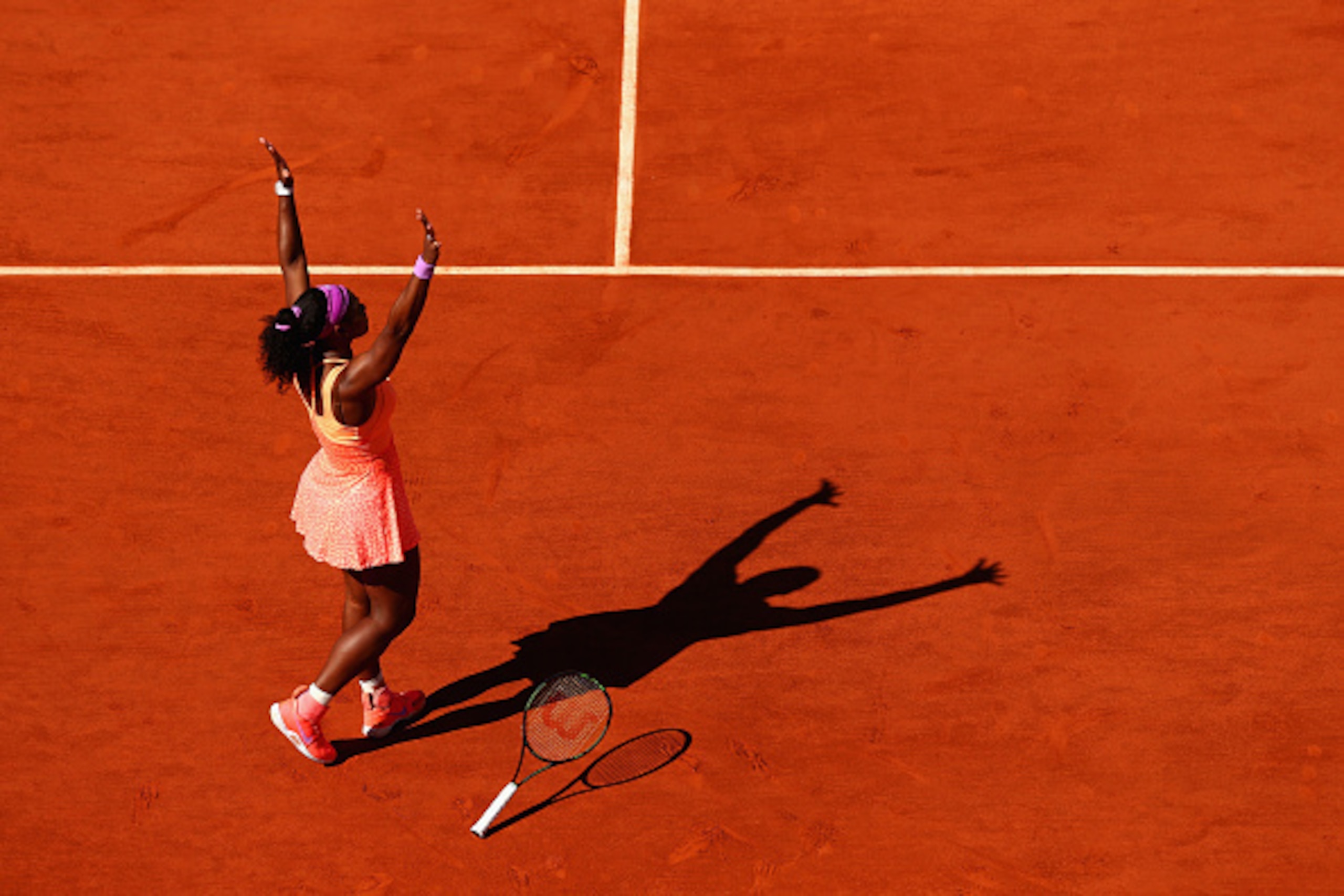 PARIS, FRANCE - JUNE 06:  Serena Williams of the United States celebrates match point in the Women's Singles Final against Lucie Safarova of Czech Republic on day fourteen of the 2015 French Open at Roland Garros on June 6, 2015 in Paris, France.  (Photo 