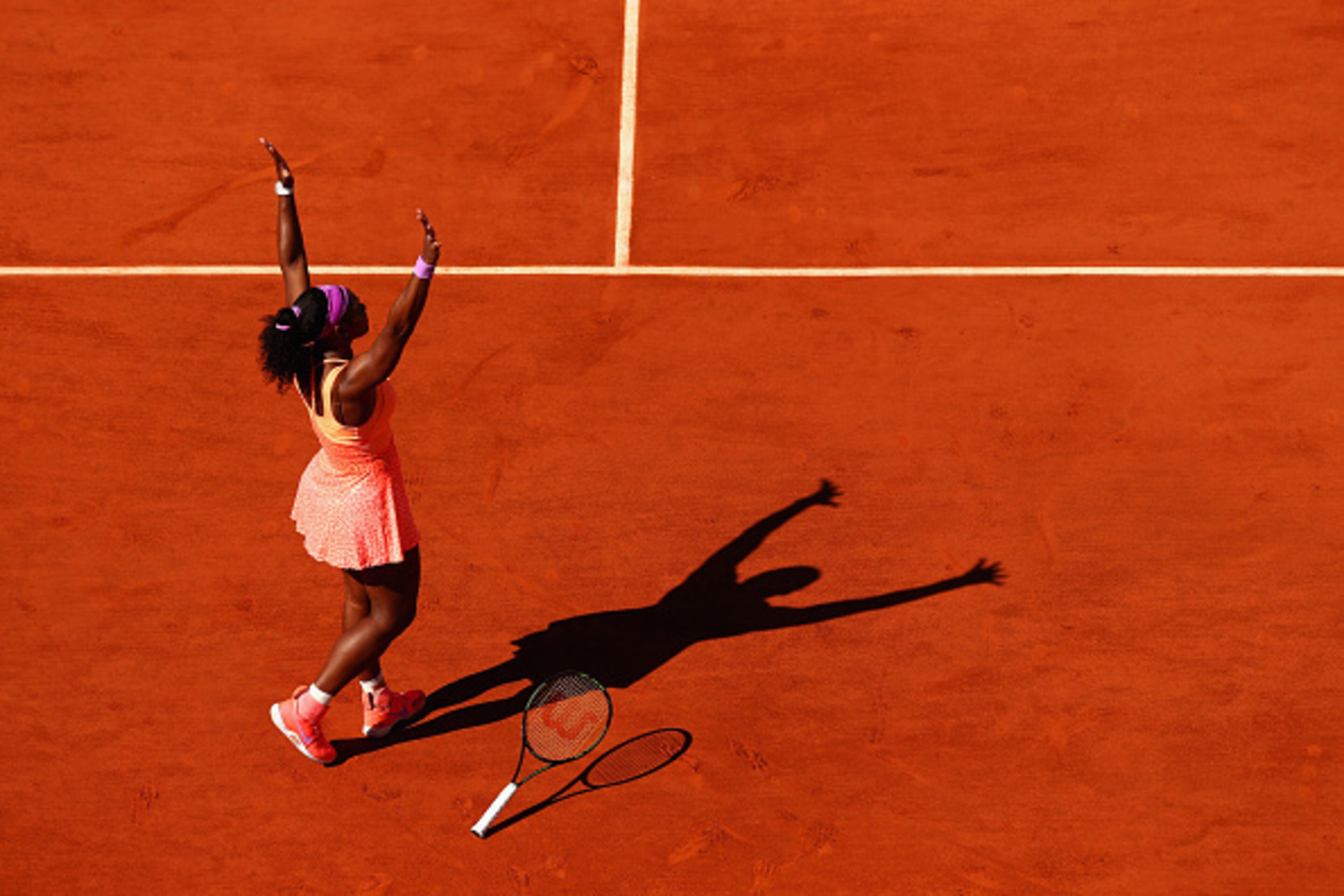 PARIS, FRANCE - JUNE 06:  Serena Williams of the United States celebrates match point in the Women's Singles Final against Lucie Safarova of Czech Republic on day fourteen of the 2015 French Open at Roland Garros on June 6, 2015 in Paris, France.  (Photo 