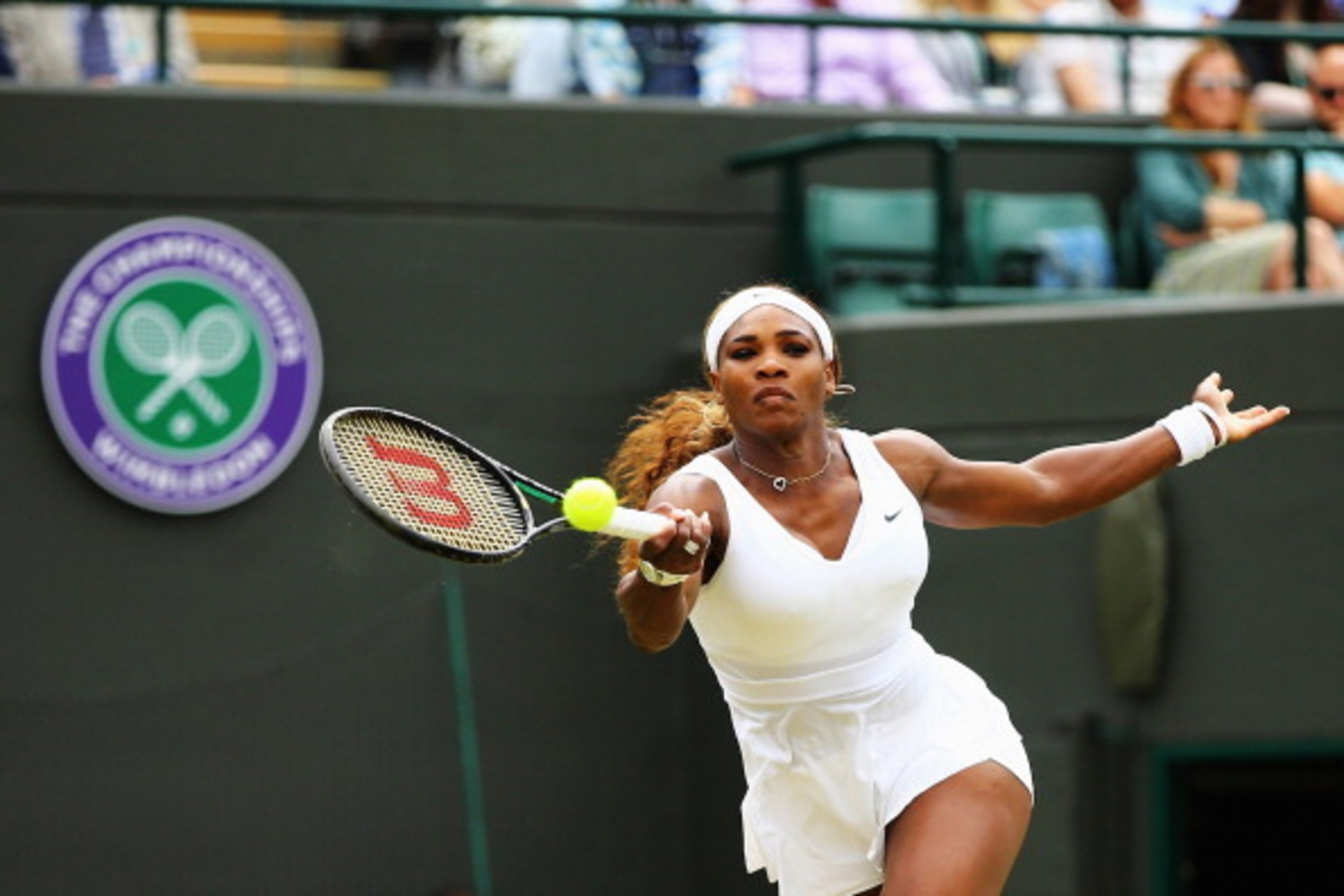 LONDON, ENGLAND - JUNE 26:  Serena Williams of the United States in action during her Ladies' Singles second round match against Chanelle Scheepers of South Africa on day four of the Wimbledon Lawn Tennis Championships at the All England Lawn Tennis and C