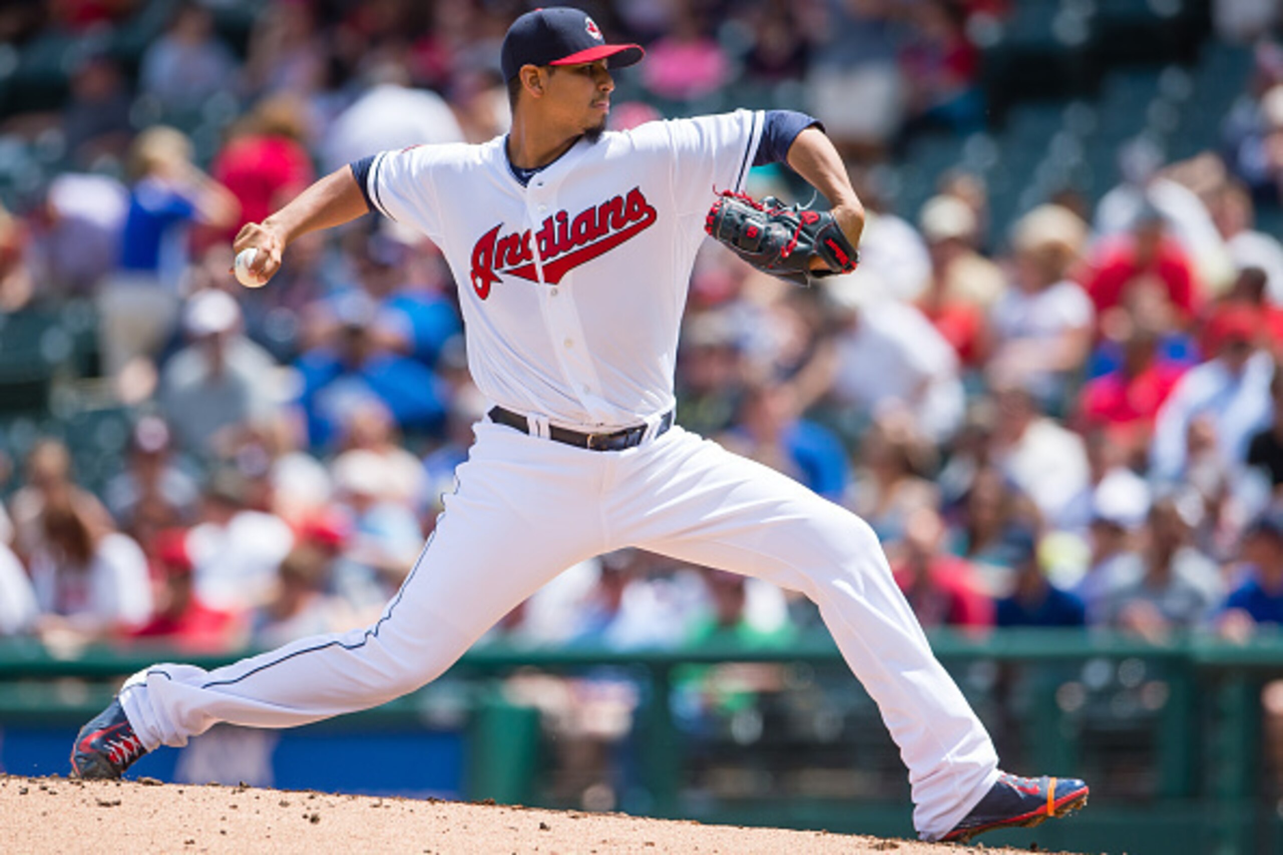 CLEVELAND, OH -  MAY 27: Starting pitcher Carlos Carrasco #59 of the Cleveland Indians pitches during the first inning against the Texas Rangers at Progressive Field on May 27, 2015 in Cleveland, Ohio. (Photo by Jason Miller/Getty Images)